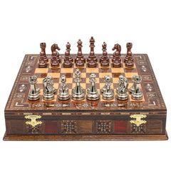 Bronze Colour Metal Chess Set With Solid Wood Storage Board - Die Cast Metal Chessmen | Staunton Chess Pieces, Personalised Chess Gift