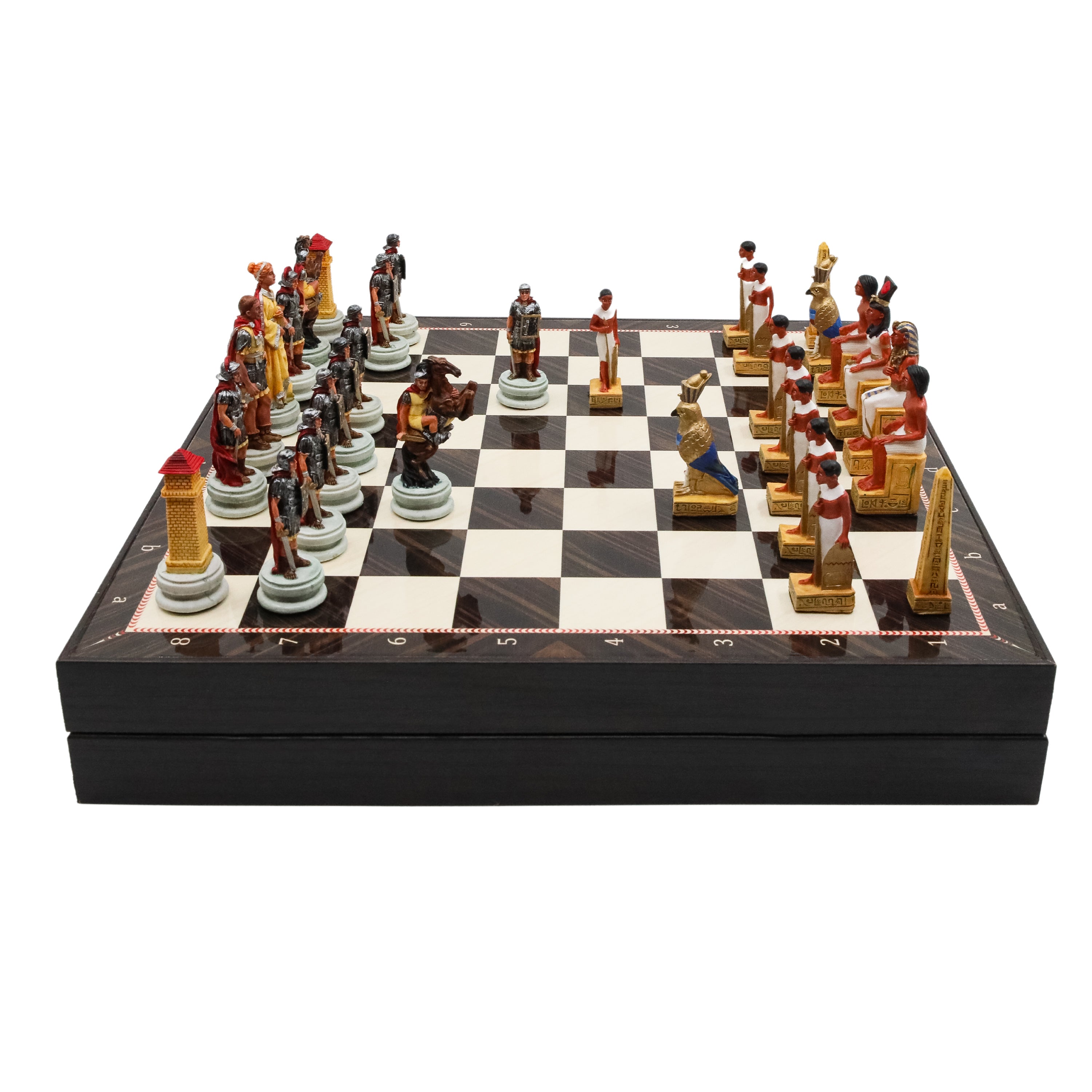 Storage Chess Set with Hand-painted Egyptian vs Roman Figures (White Colour) | 37 CM (15") Storage Chess Board | Nile War Egyptian vs Roman Themed Figures