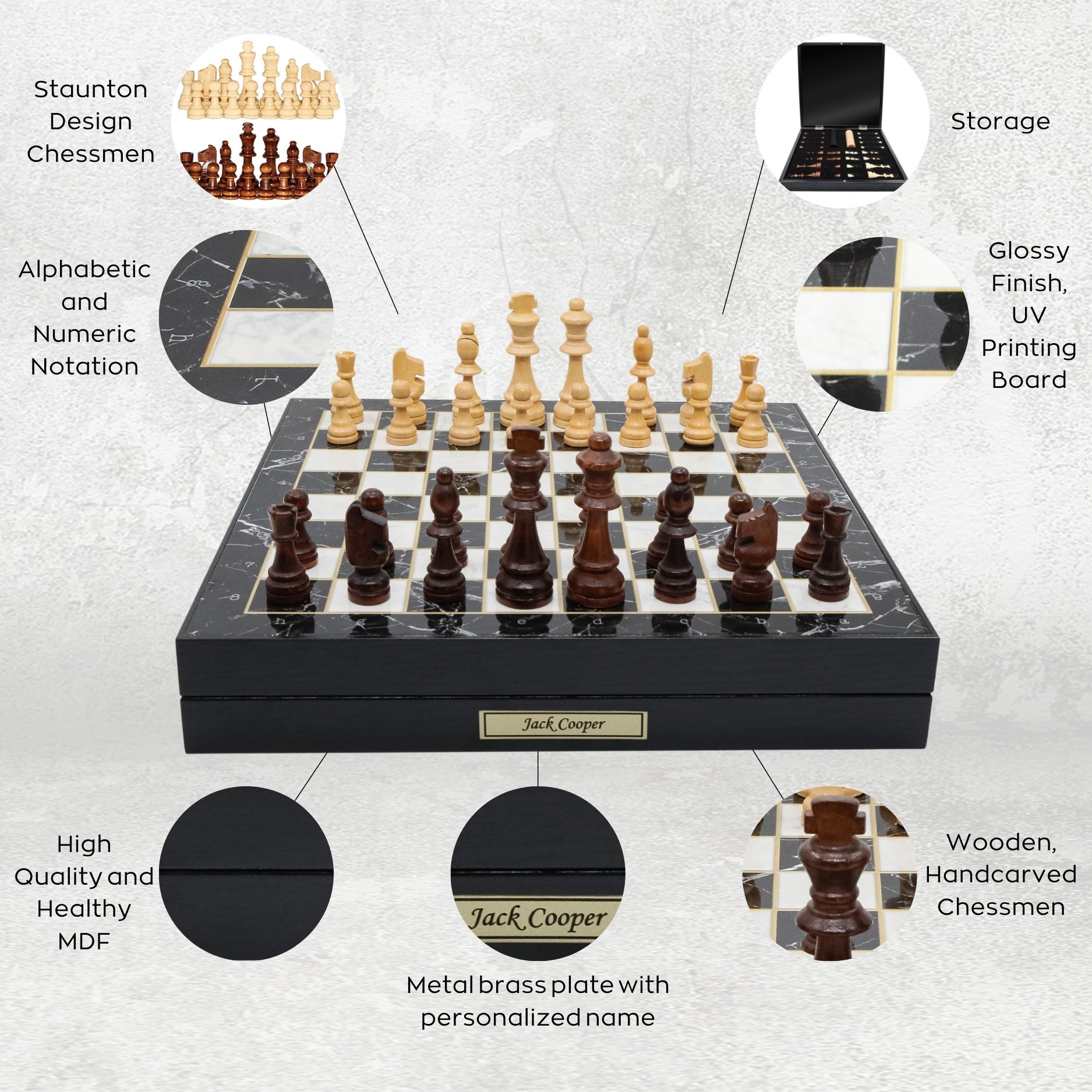 Wooden Storage Chess Set, Checkers, Draughts | 3in1 Game Set | 14 INCH (36CM) | Black Marble Patterned Chess Board, Wooden Chess Pieces & Checkers