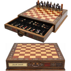 Handmade Inlay Chess Set with Drawer Storage 38 CM (15") - Arabs vs Crusaders Pieces