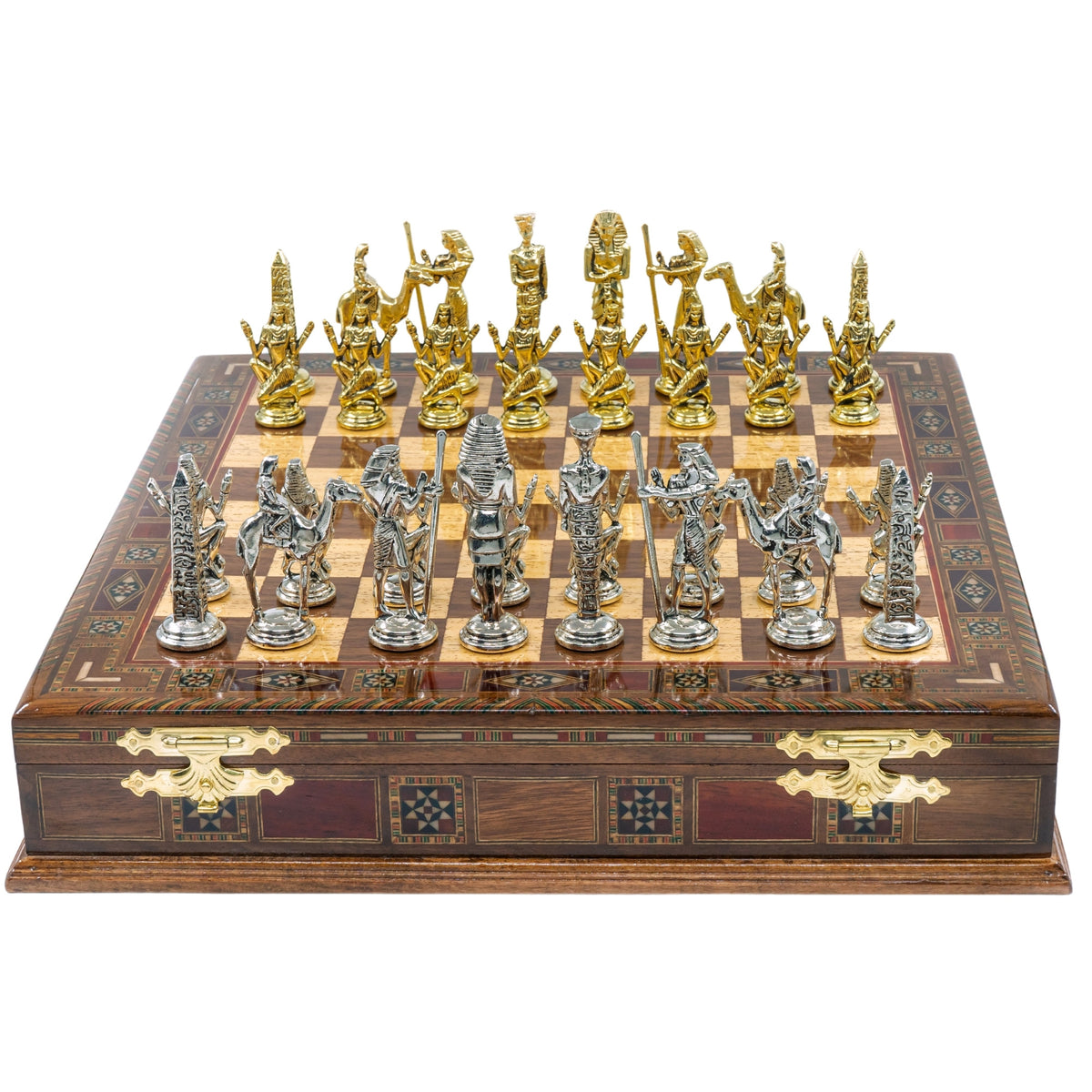 Handmade Inlay Storage Chess Set 38 CM (15") - Egyptian Cleopatra Die Cast Metal Pieces