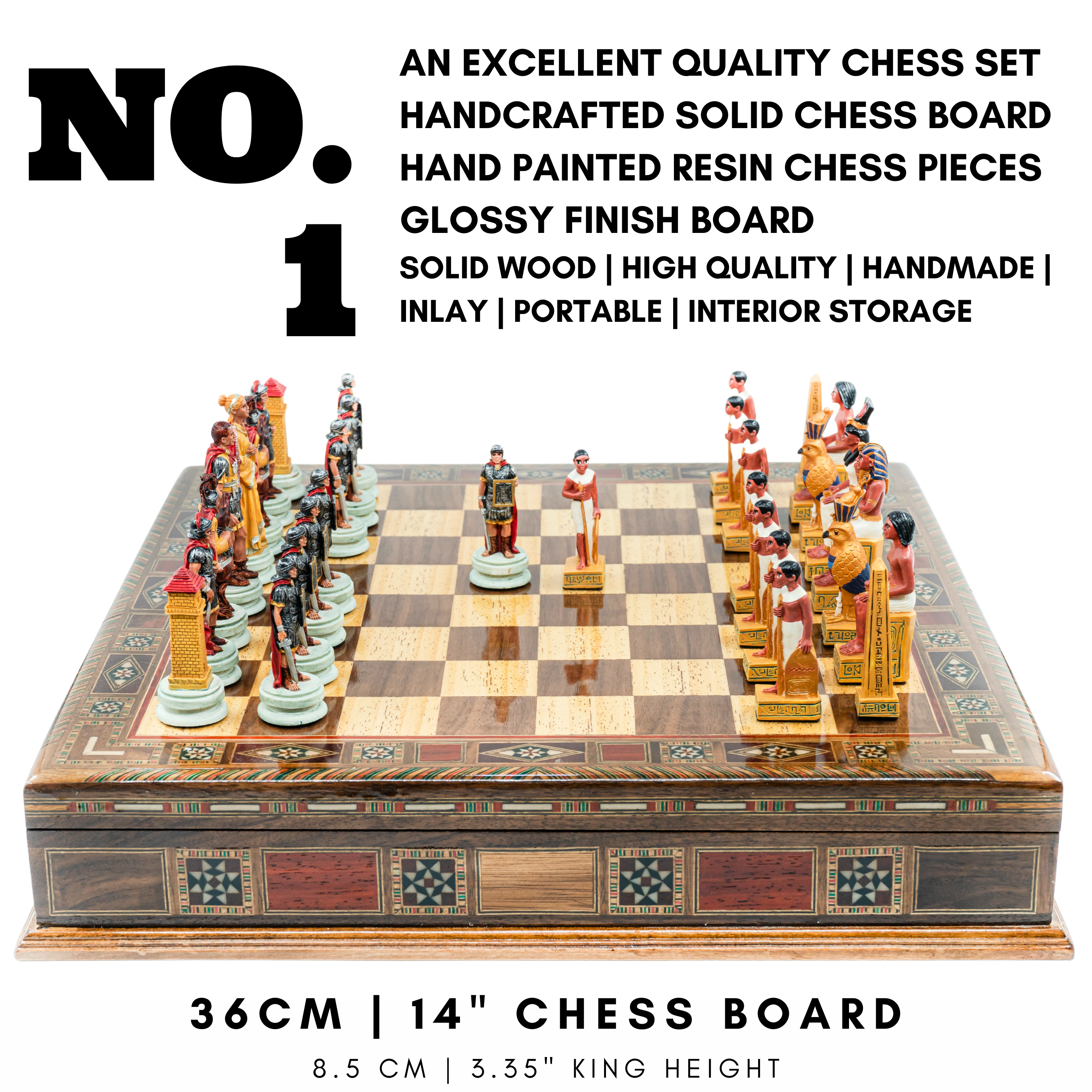 Handmade Inlay Storage Chess Set 38 CM (15") - Roman vs Egyptian Pieces