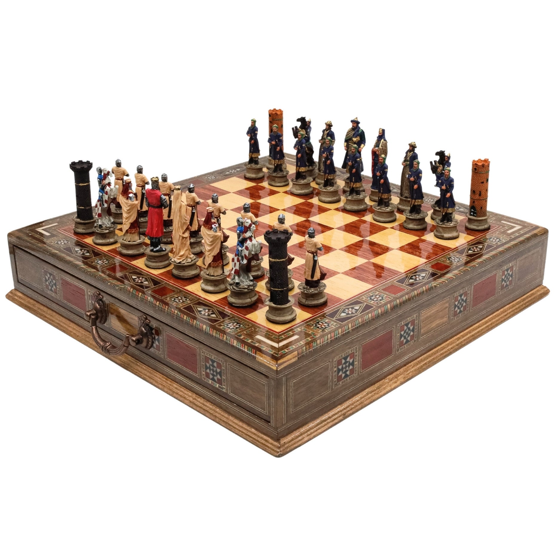 Handmade Inlay Chess Set with Drawer Storage 38 CM (15") - Arabs vs Crusaders Pieces