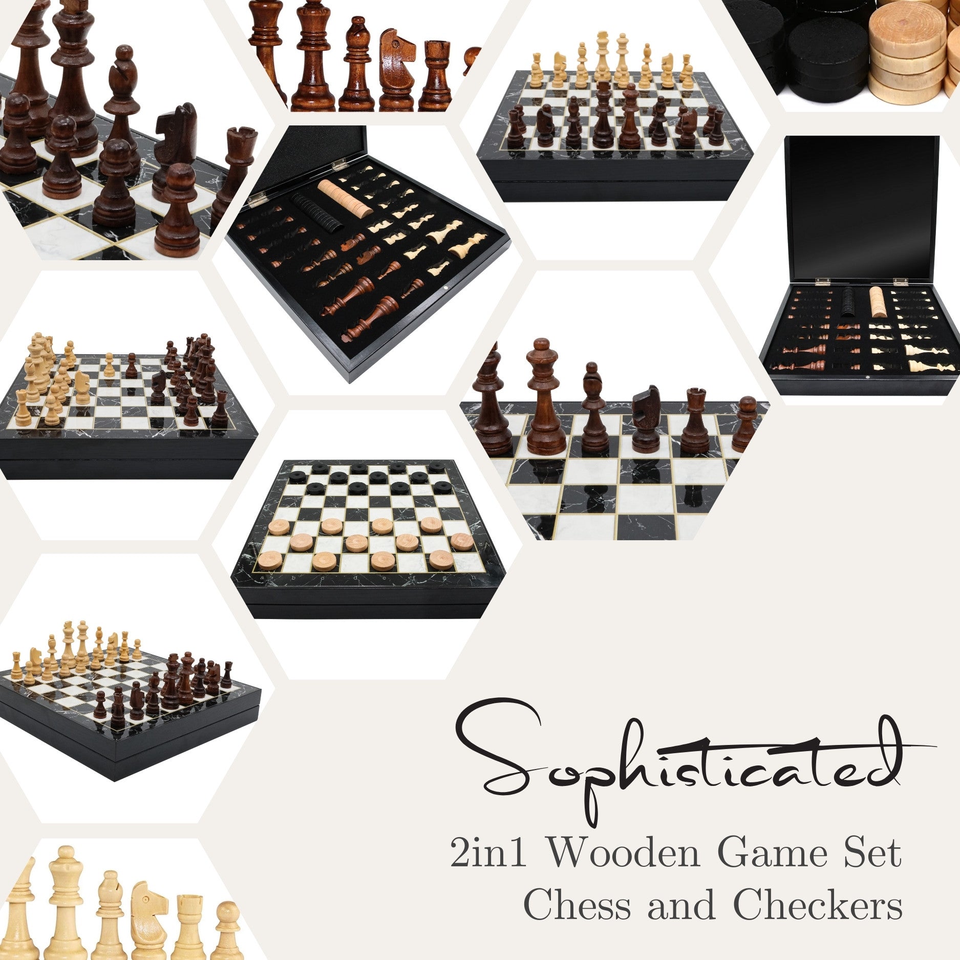 Wooden Storage Chess Set, Checkers, Draughts | 3in1 Game Set | 14 INCH (36CM) | Black Marble Patterned Chess Board, Wooden Chess Pieces & Checkers