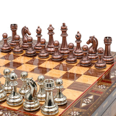 Bronze Colour Metal Chess Set With Solid Wood Storage Board - Die Cast Metal Chessmen | Staunton Chess Pieces, Personalised Chess Gift