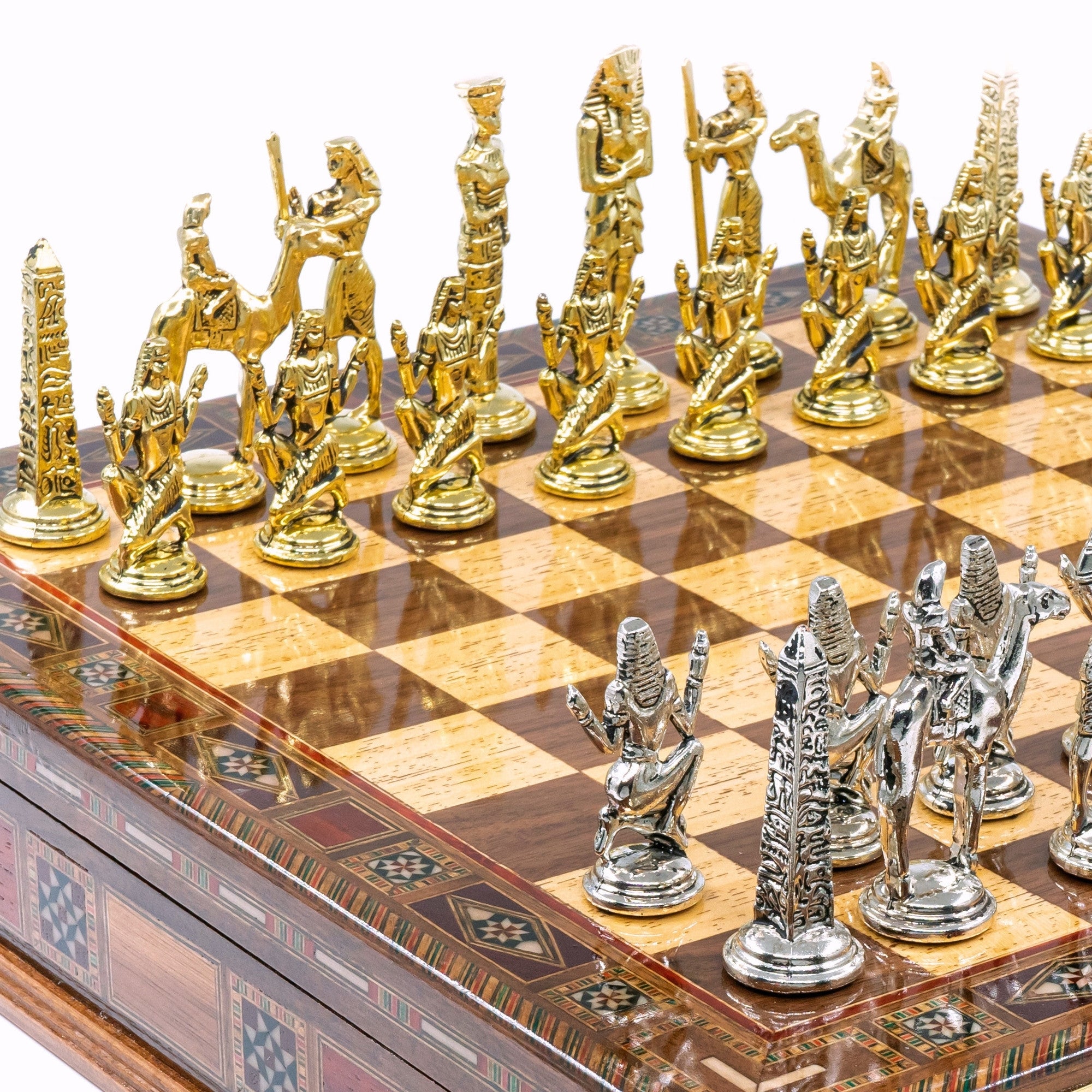 Handmade Inlay Storage Chess Set 38 CM (15") - Egyptian Cleopatra Die Cast Metal Pieces