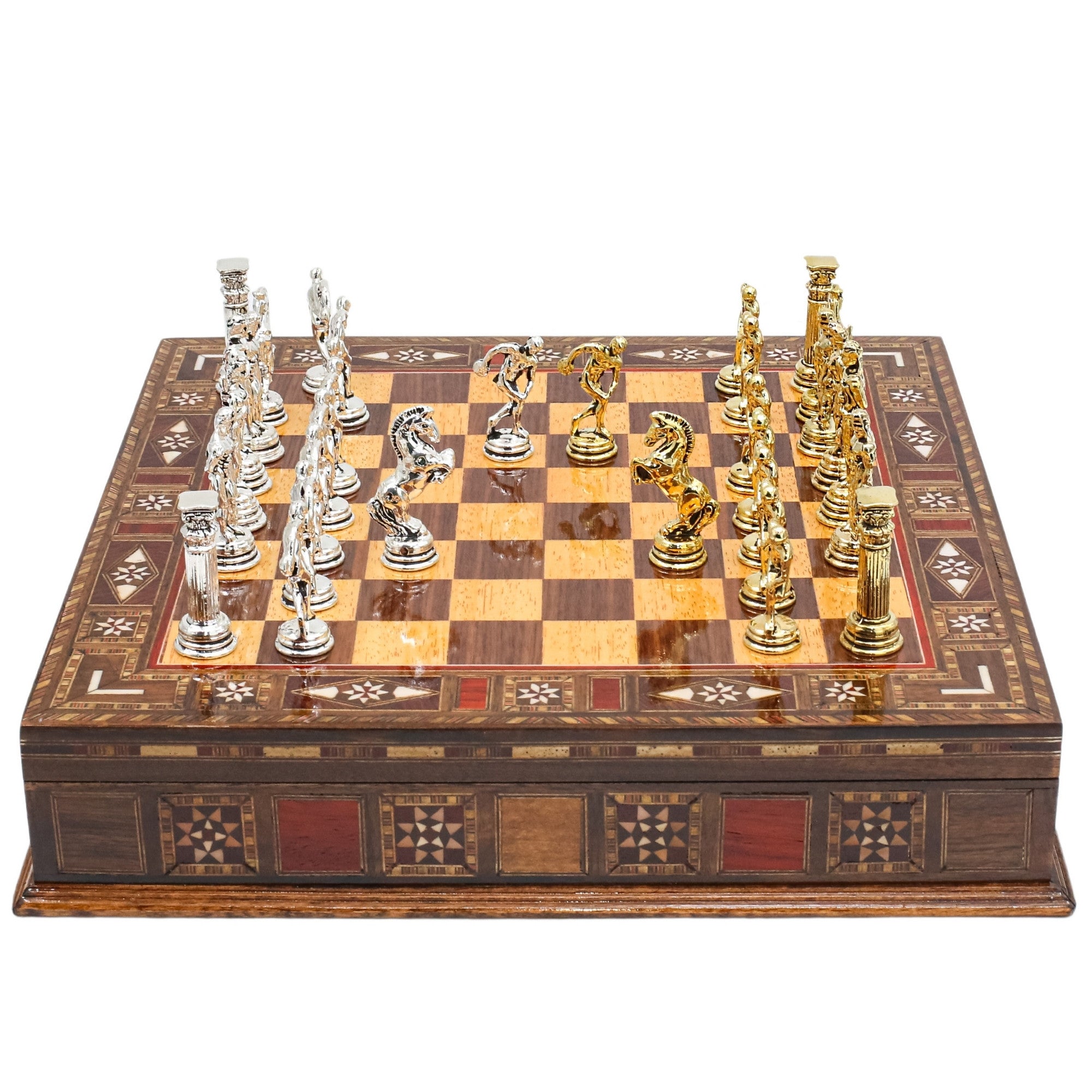 Handmade Inlay Storage Chess Set 30 CM (12") - Mythology Discus Die Cast Metal Pieces