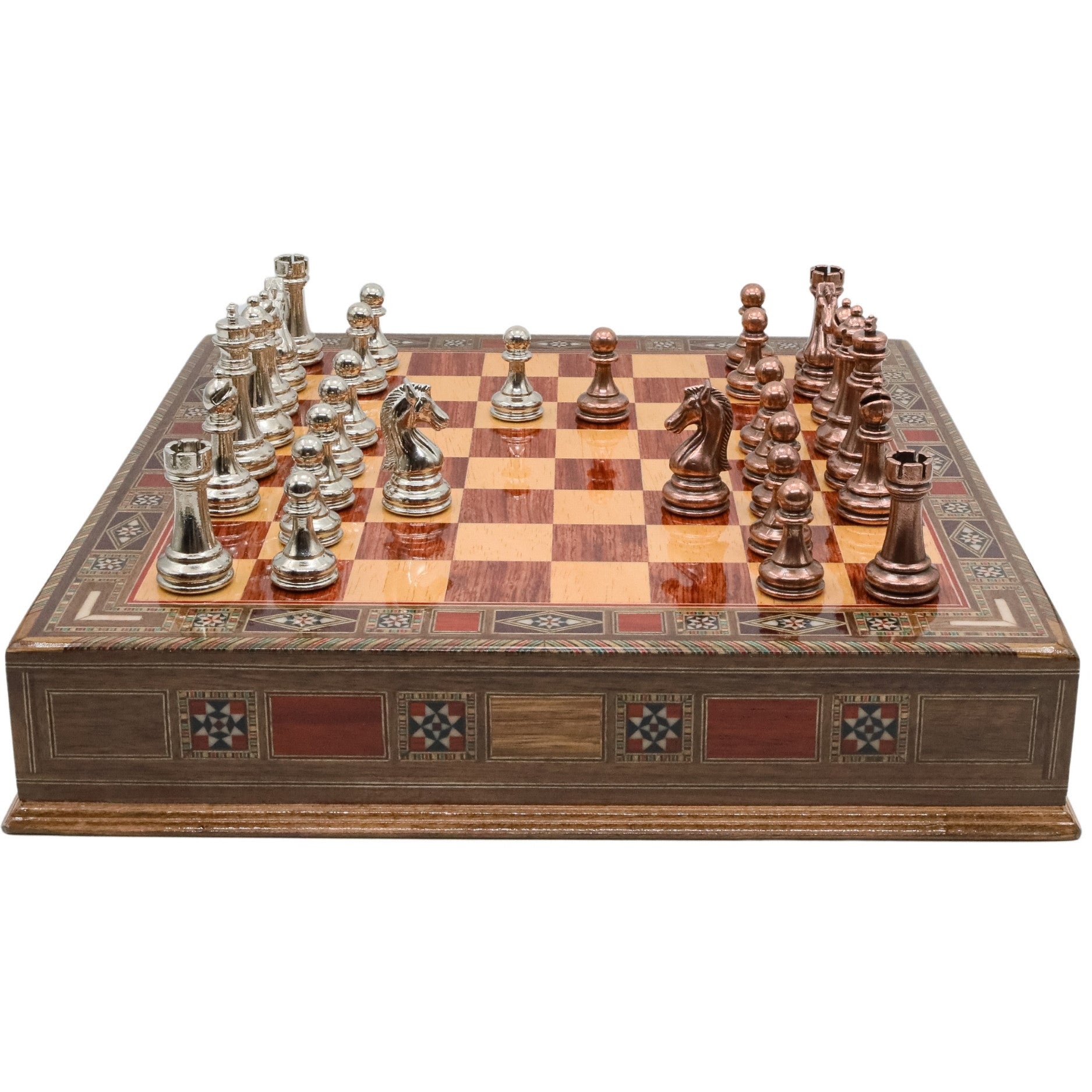 Bronze Colour Metal Chess Set With Solid Wood Storage Board w/ In-Built Drawer - Die Cast Metal Chessmen | Staunton Chess Pieces, Personalised Chess Gift