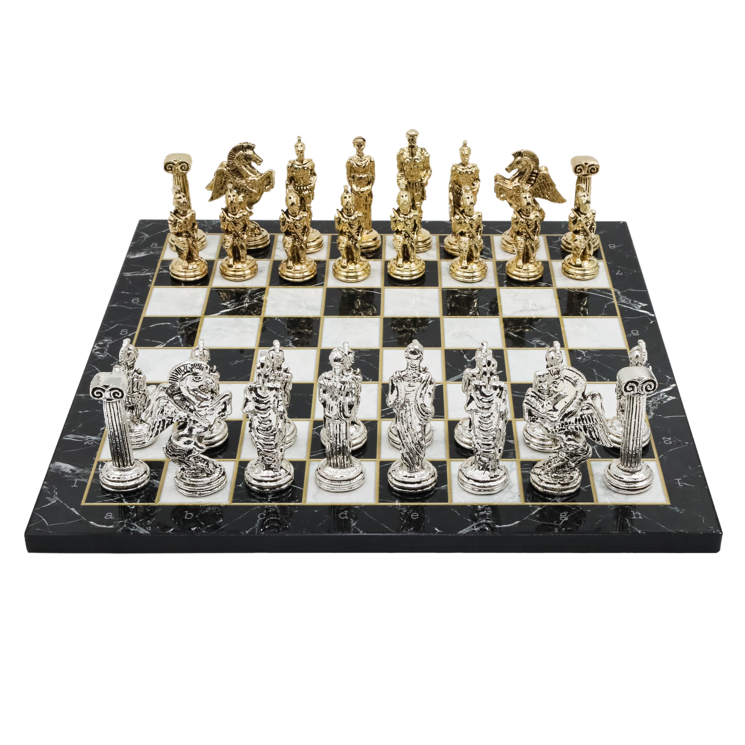 Greek Mythology Pegasus Metal Chess Set | Wooden Chess Board 30CM (12") with Die Cast Metal Stands