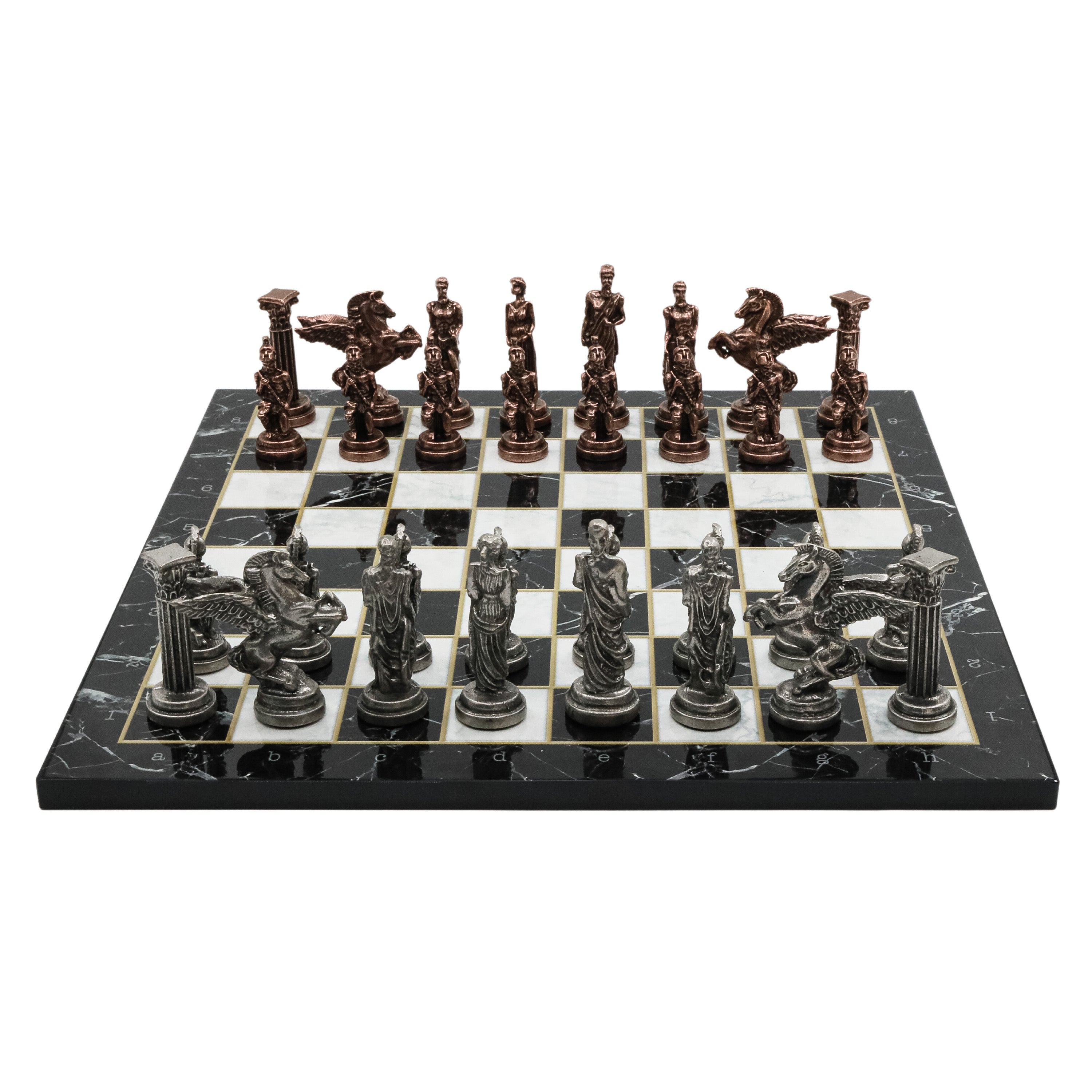 Greek Mythology Pegasus Metal Chess Set | Wooden Chess Board 37CM (15") with Die Cast Metal Stands (Vintage Silver vs Bronze)