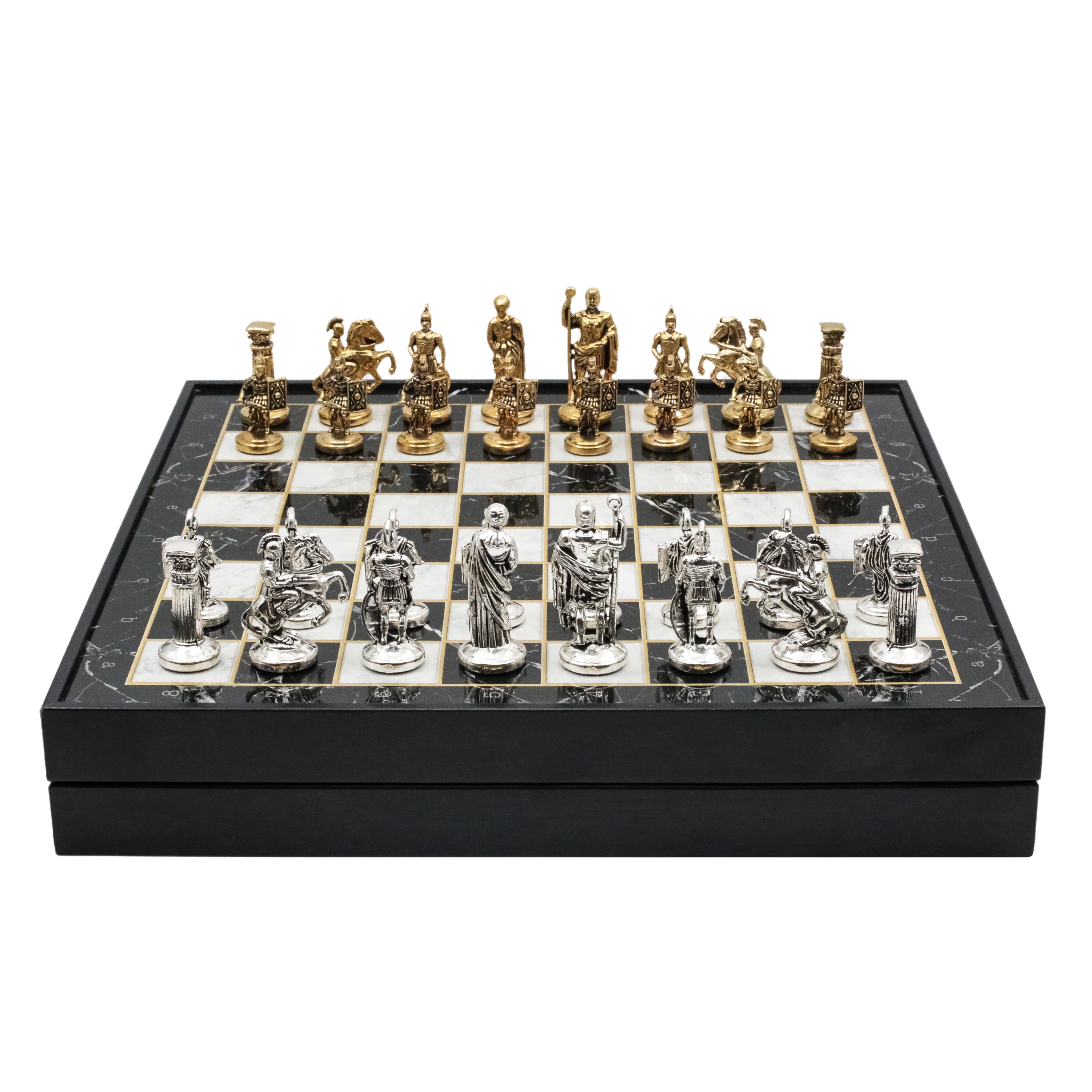 Storage Chess Set with Die Cast Metal Roman Caesar Chessmen | 37 CM (15") Storage Chess Board | Julius Caesar Roman Themed Figures