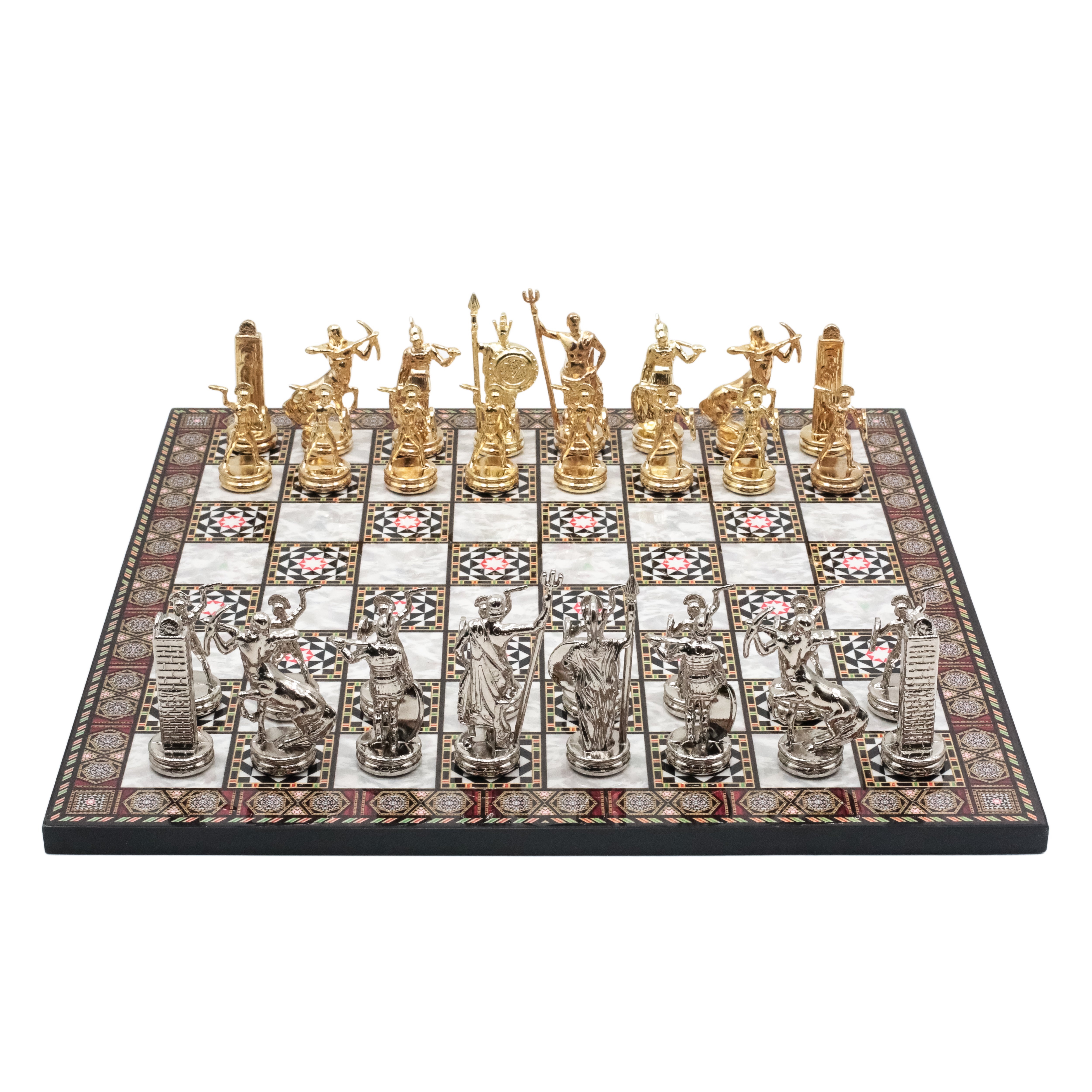 Greek Mythology Poseidon Metal Chess Set Model 1| Wooden Chess Board 37CM (15") with Die Cast Metal Stands