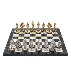 Greek Mythology Pegasus Metal Chess Set | Wooden Chess Board 44CM (17") with Die Cast Metal Stands