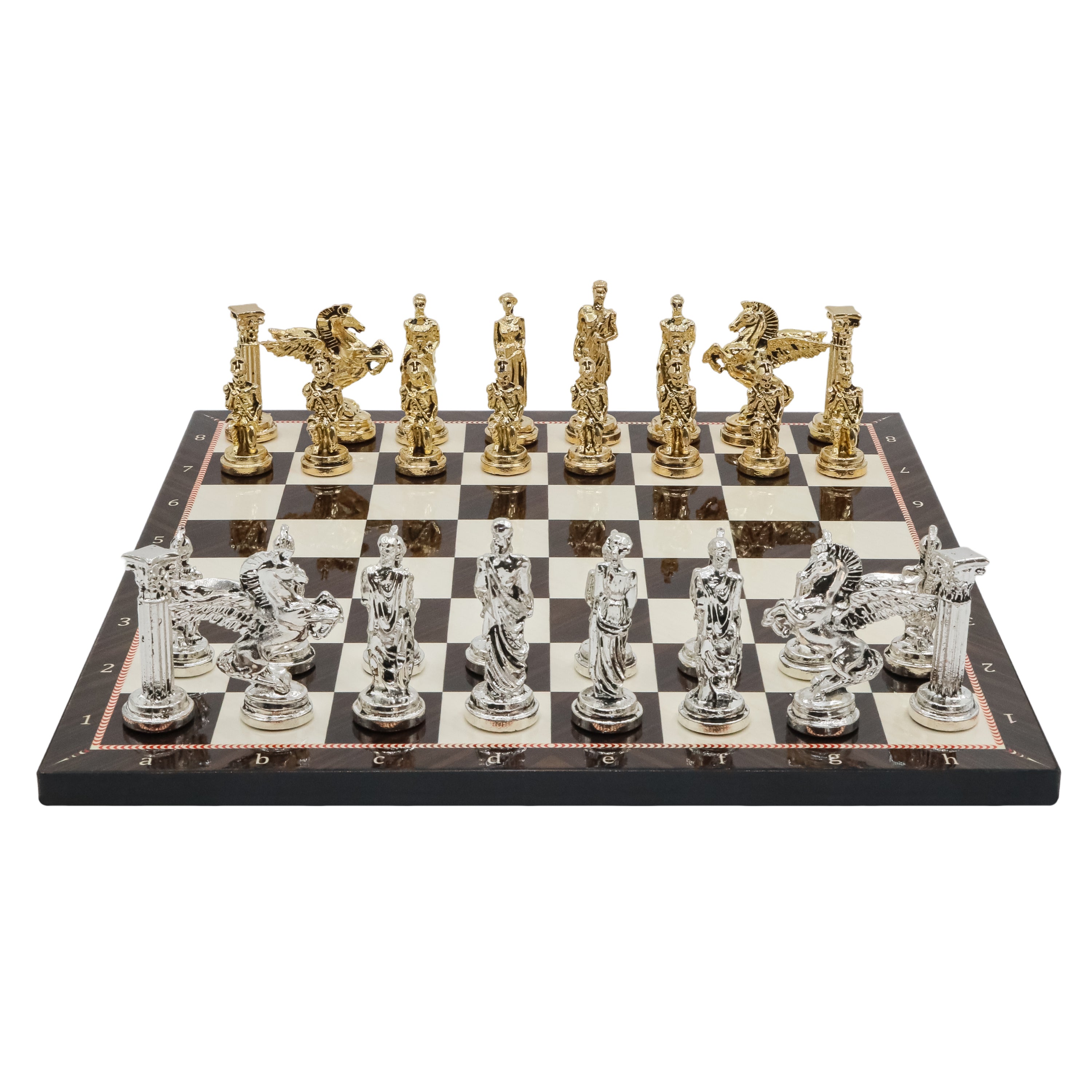 Greek Mythology Pegasus Metal Chess Set | Wooden Chess Board 44CM (17") with Die Cast Metal Stands