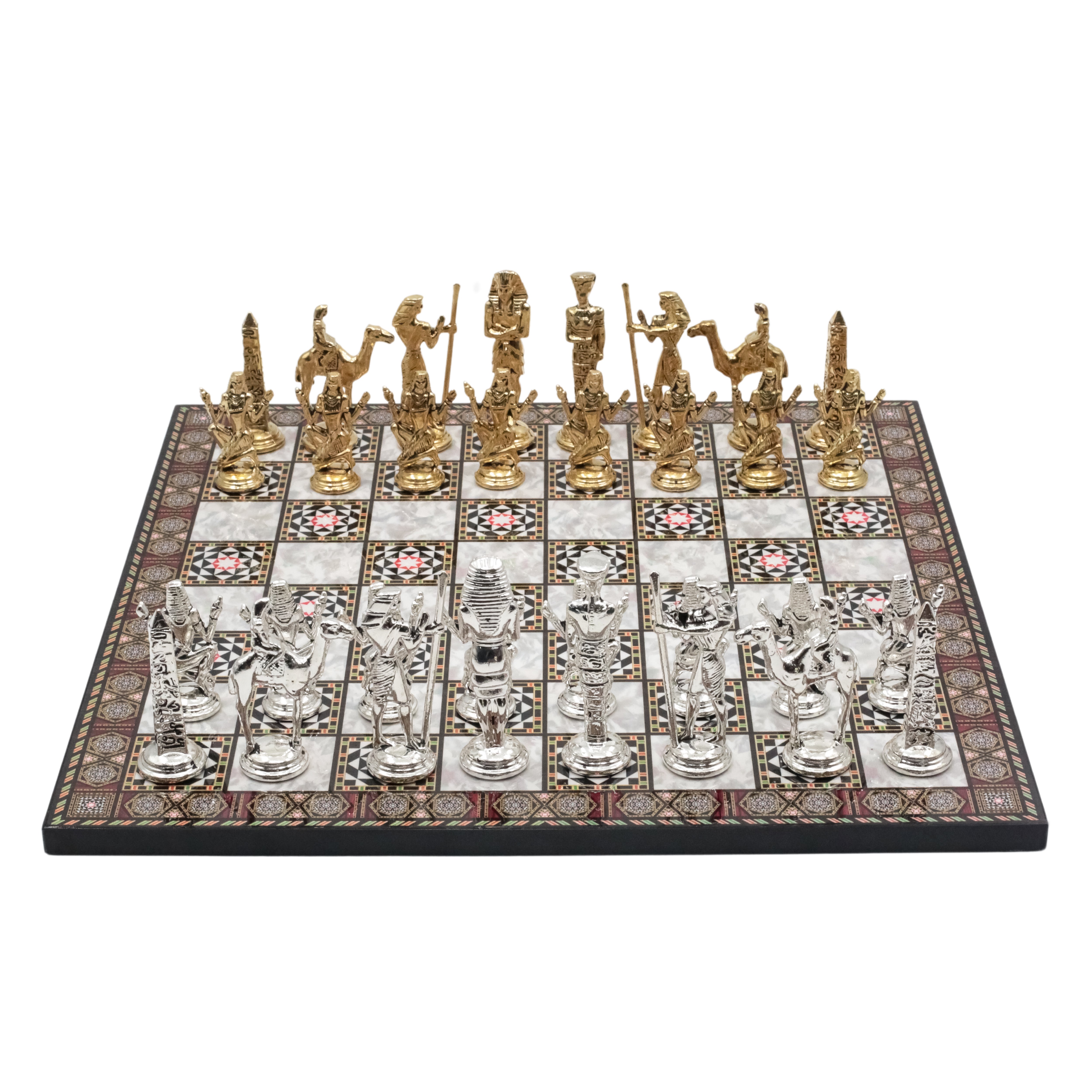 Metal Egyptian Chess Set | Wooden Board Marble/Mosaic Pattern – 44 cm (17 inch)