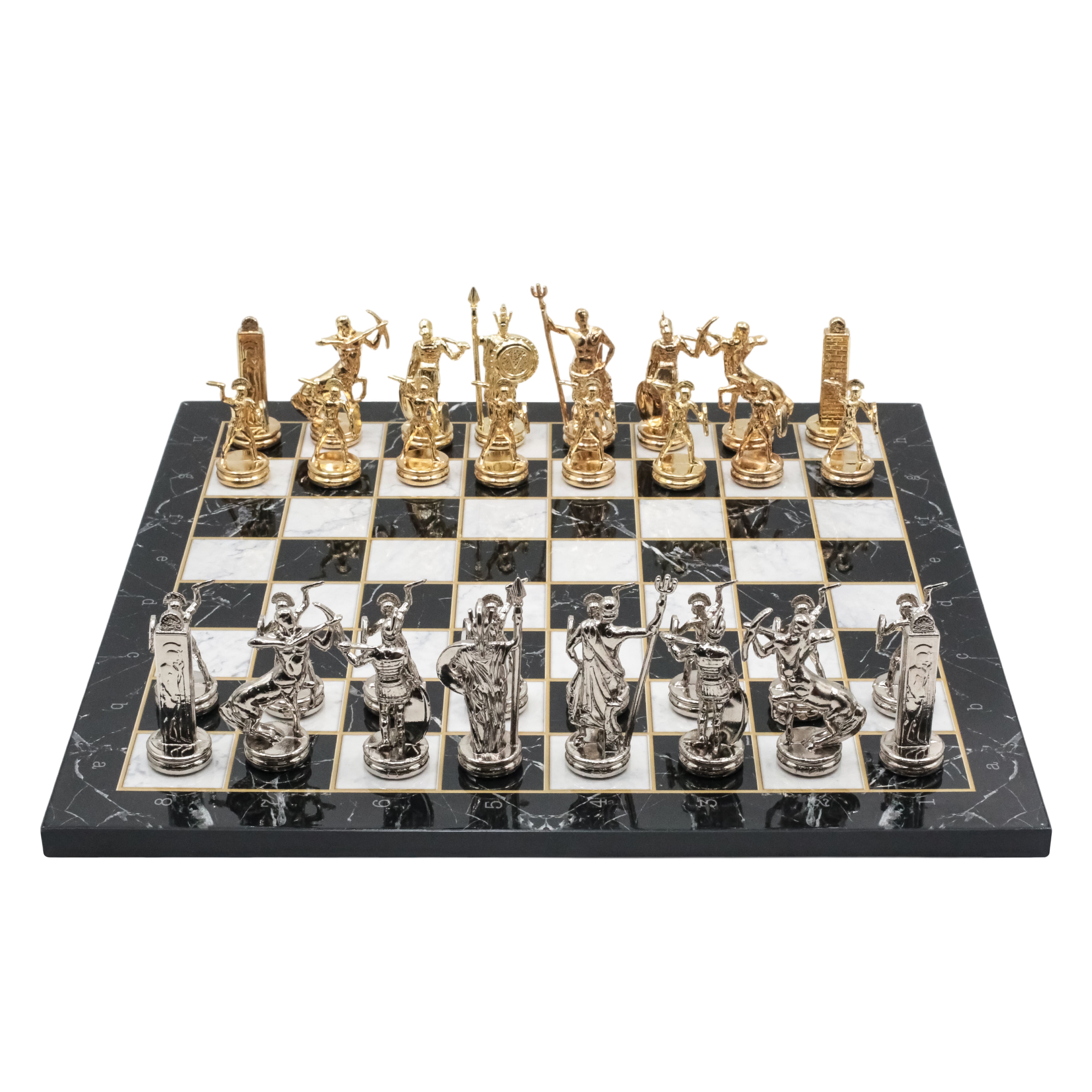 Greek Mythology Poseidon Metal Chess Set Model 1| Wooden Chess Board 37CM (15") with Die Cast Metal Stands