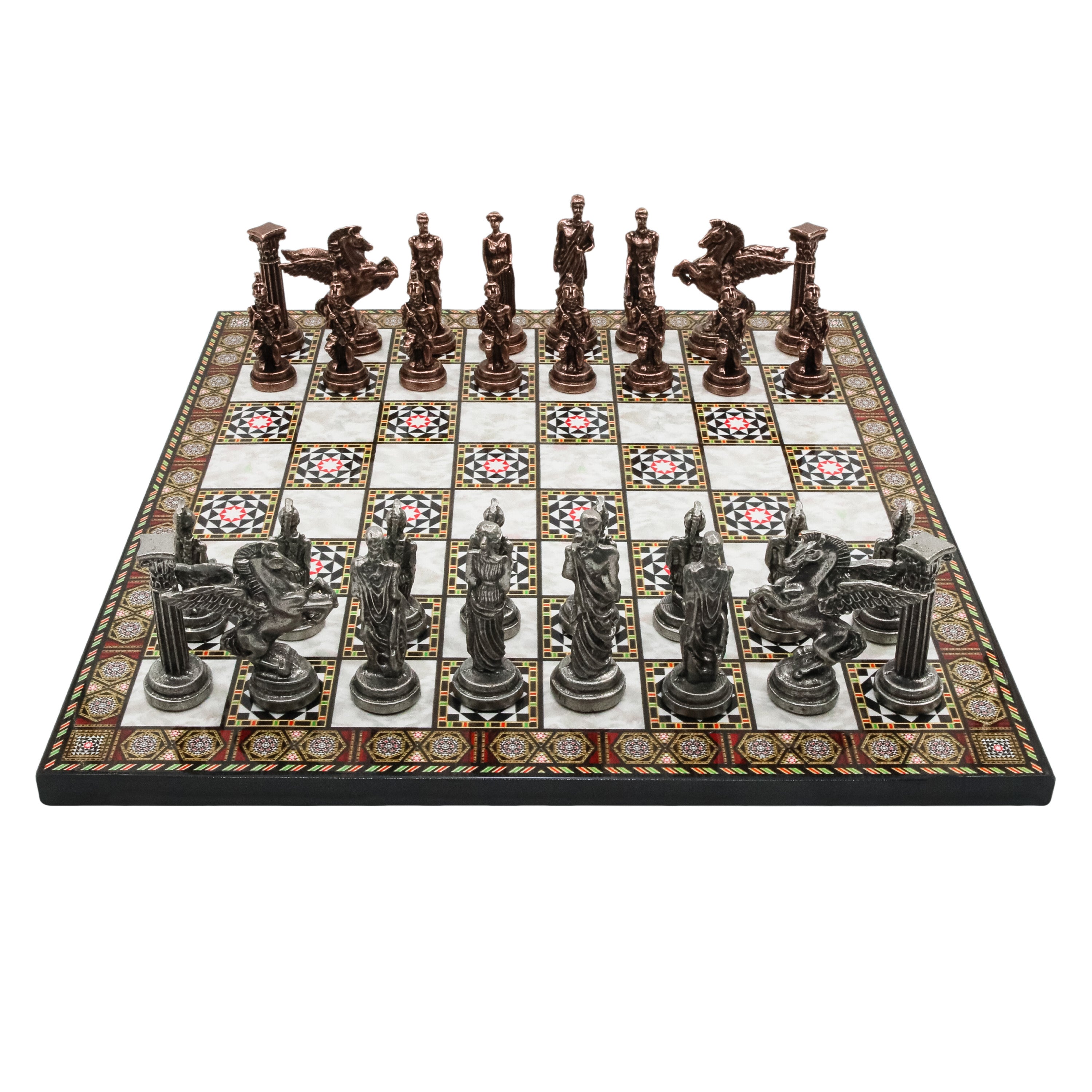 Greek Mythology Pegasus Metal Chess Set | Wooden Chess Board 37CM (15") with Die Cast Metal Stands (Vintage Silver vs Bronze)