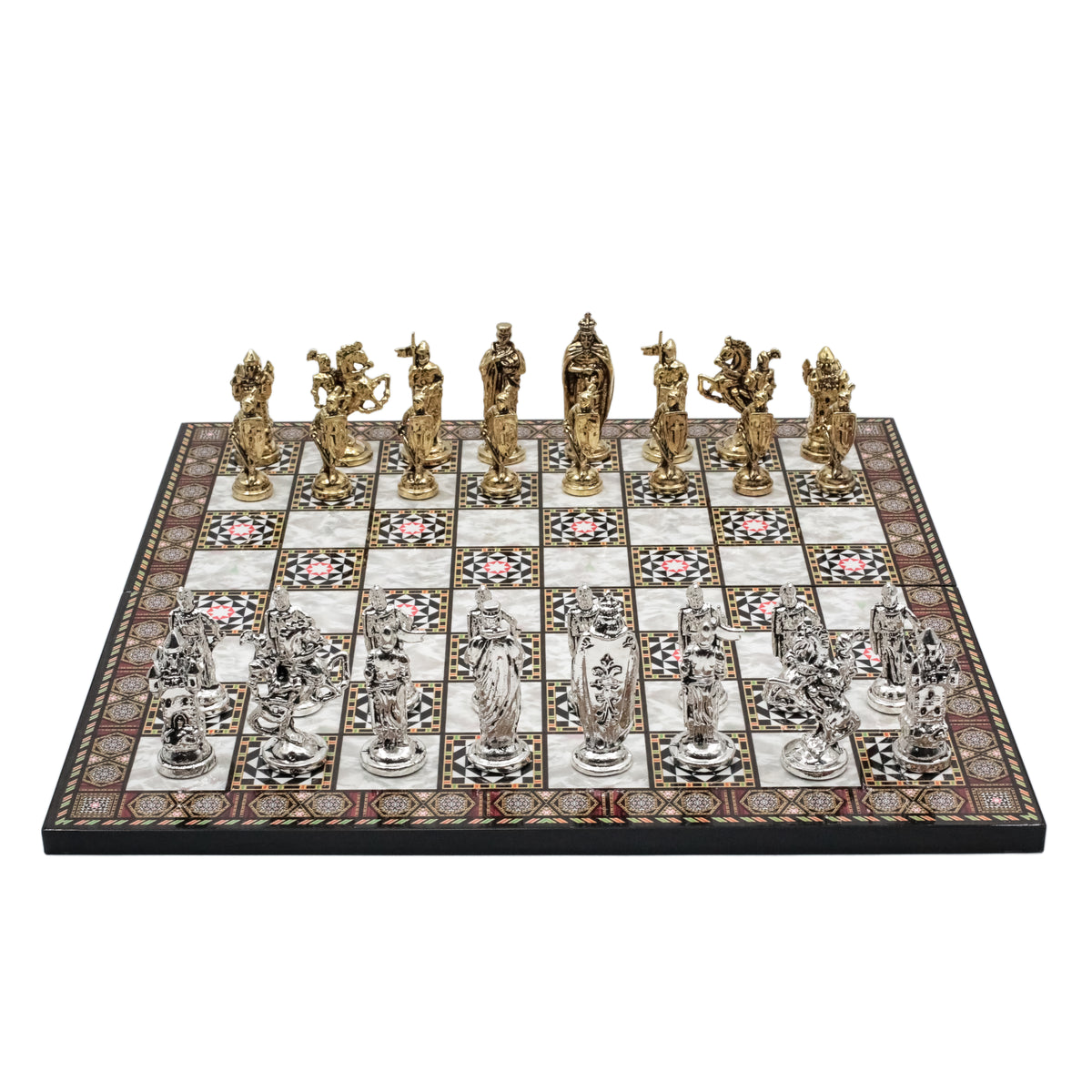 British Metal Chess Set |  44 cm (17 inch) Wooden Chess Board | Historical Themed