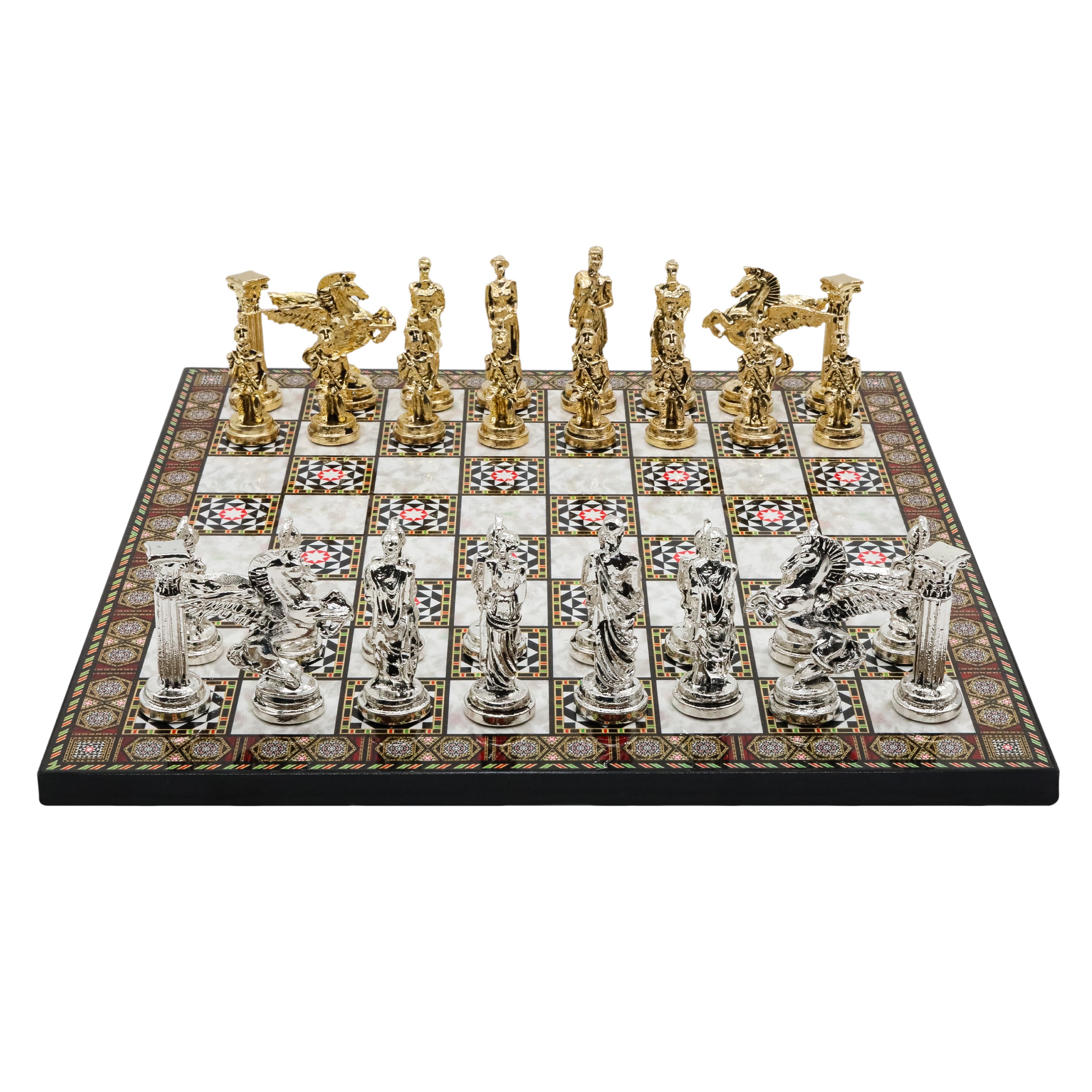 Greek Mythology Pegasus Metal Chess Set | Wooden Chess Board 37CM (15") with Die Cast Metal Stands (Silver vs Gold)