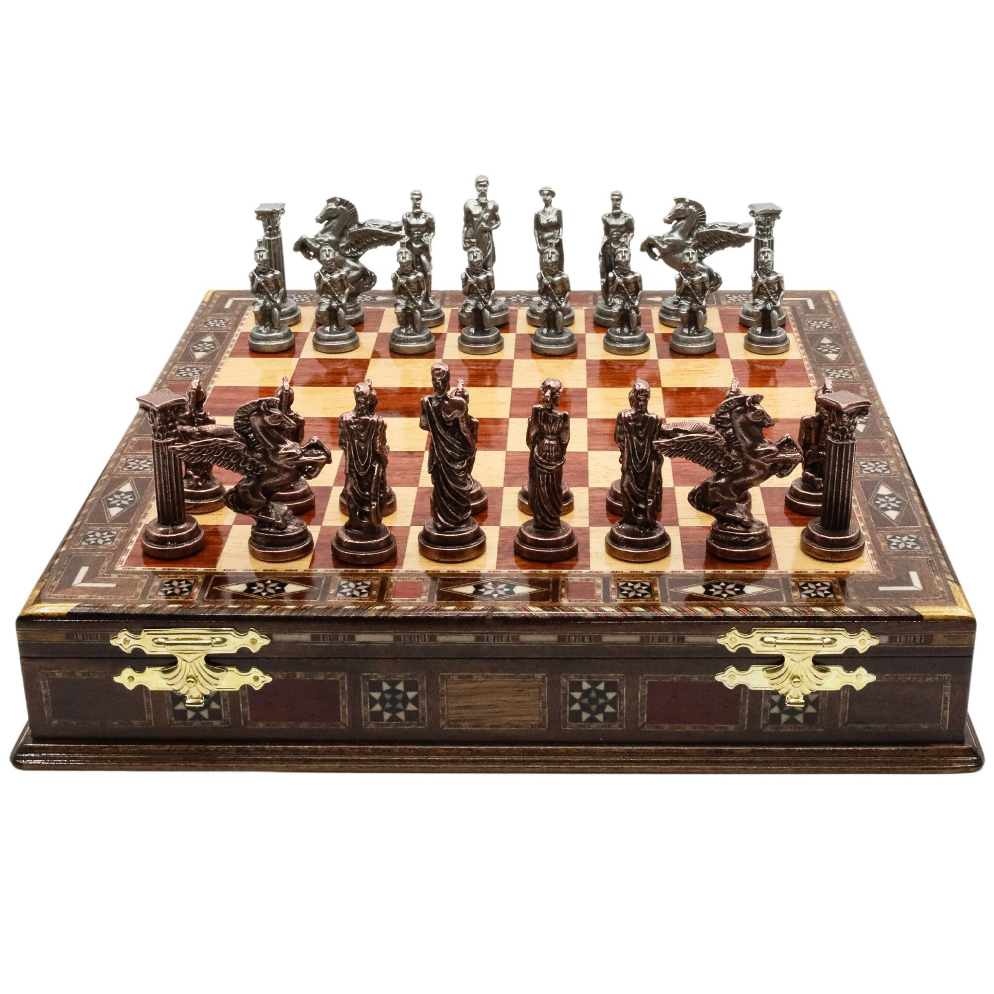 Handmade Inlay Storage Chess Set 38 CM (15") - Mythology Pegasus Die Cast Metal Pieces