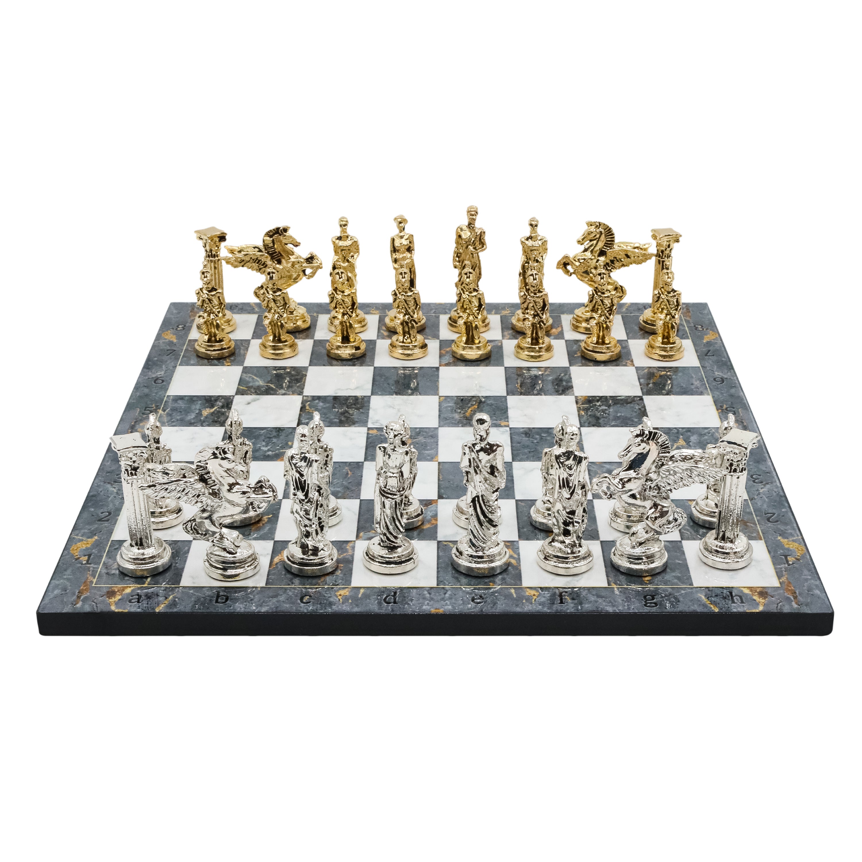 Greek Mythology Pegasus Metal Chess Set | Wooden Chess Board 37CM (15") with Die Cast Metal Stands (Silver vs Gold)