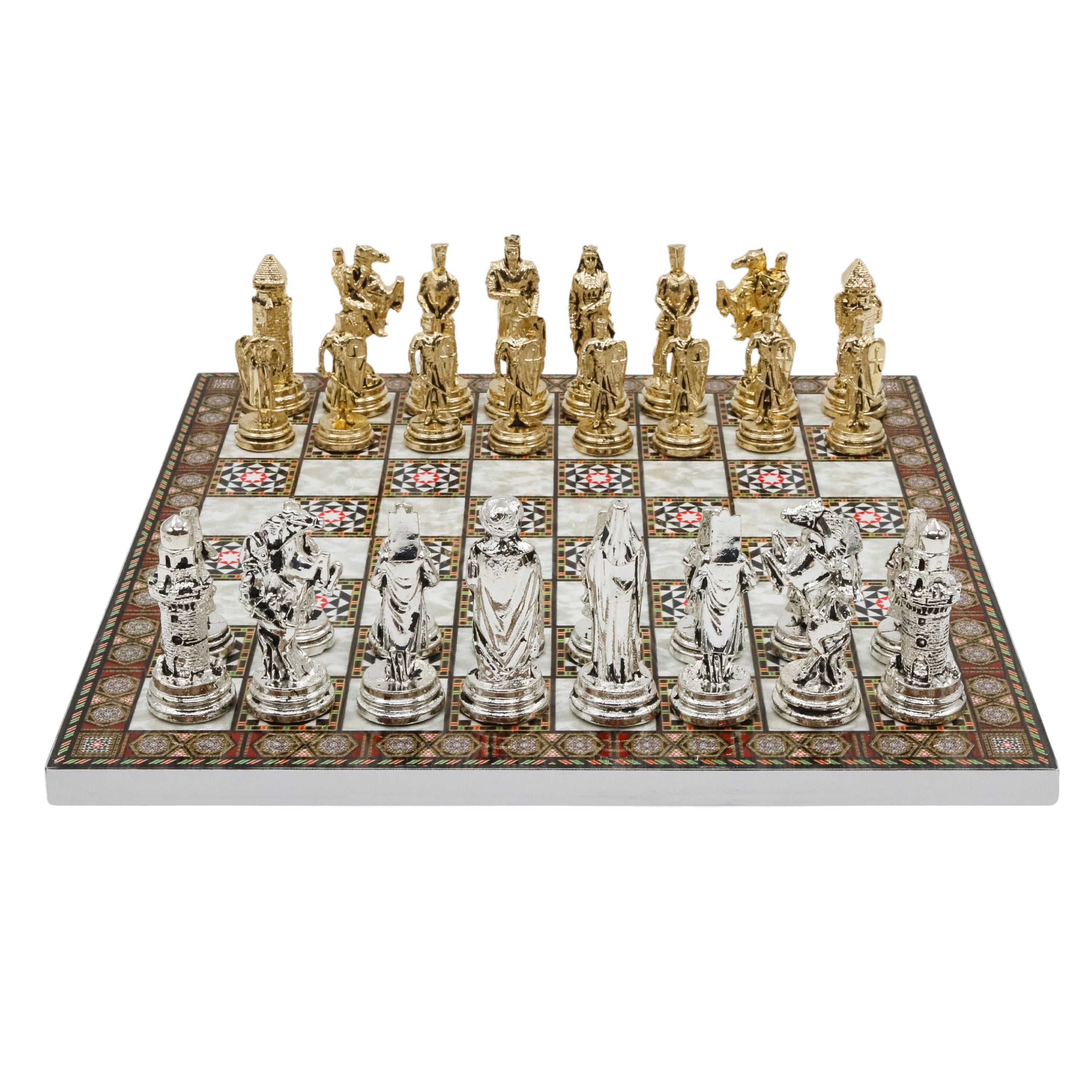 Ottoman Empire vs Crusaders Metal Chess Set | Wooden Chess Board 37CM (15") with Die Cast Metal Stands