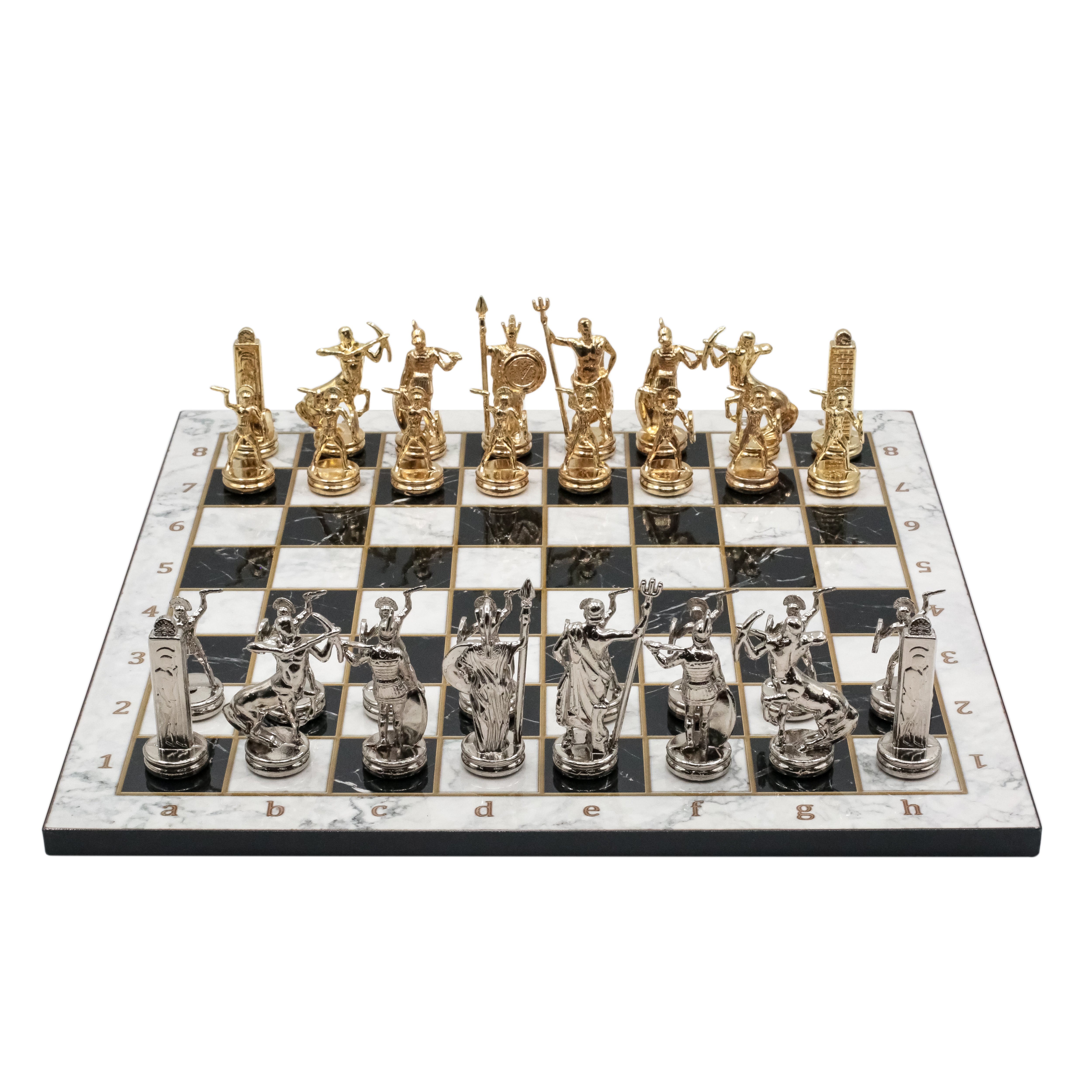 Greek Mythology Poseidon Metal Chess Set Model 1| Wooden Chess Board 37CM (15") with Die Cast Metal Stands