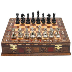 Black Colour Metal Chess Set With Solid Wood Storage Board - Die Cast Metal Chessmen | Staunton Chess Pieces, Personalised Chess Gift