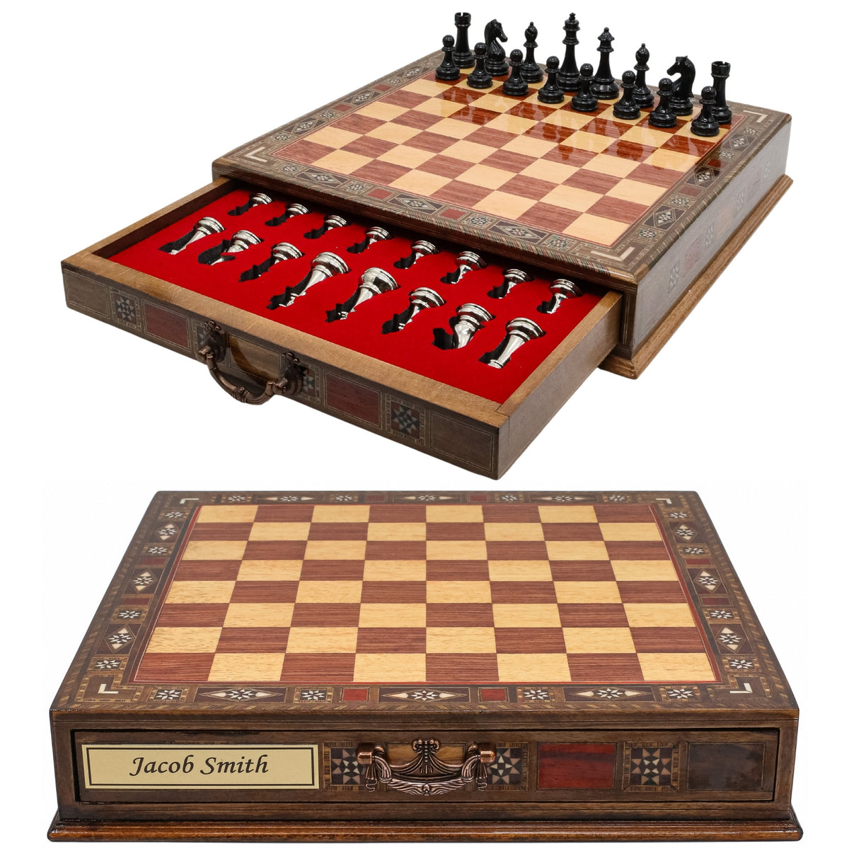 Black Colour Metal Chess Set With Solid Wood Storage Board w/ In-Built Drawer - Die Cast Metal Chessmen | Staunton Chess Pieces, Personalised Chess Gift