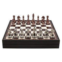 Storage Chess Set with Metal Weighted Staunton Figures (Bronze vs Silver) | 37 CM (15") Storage Chess Board | Classic Metal Figures