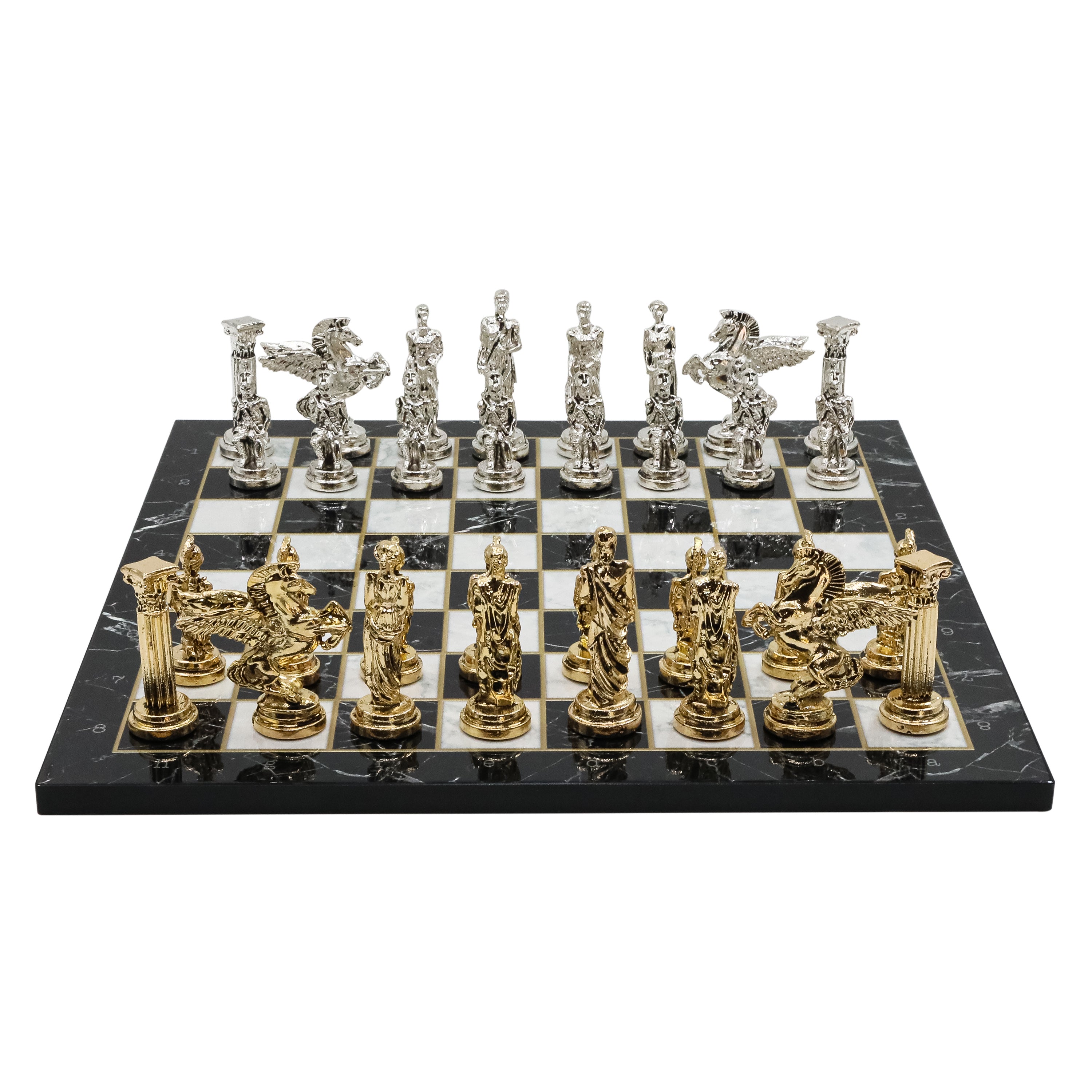 Greek Mythology Pegasus Metal Chess Set | Wooden Chess Board 37CM (15") with Die Cast Metal Stands (Silver vs Gold)