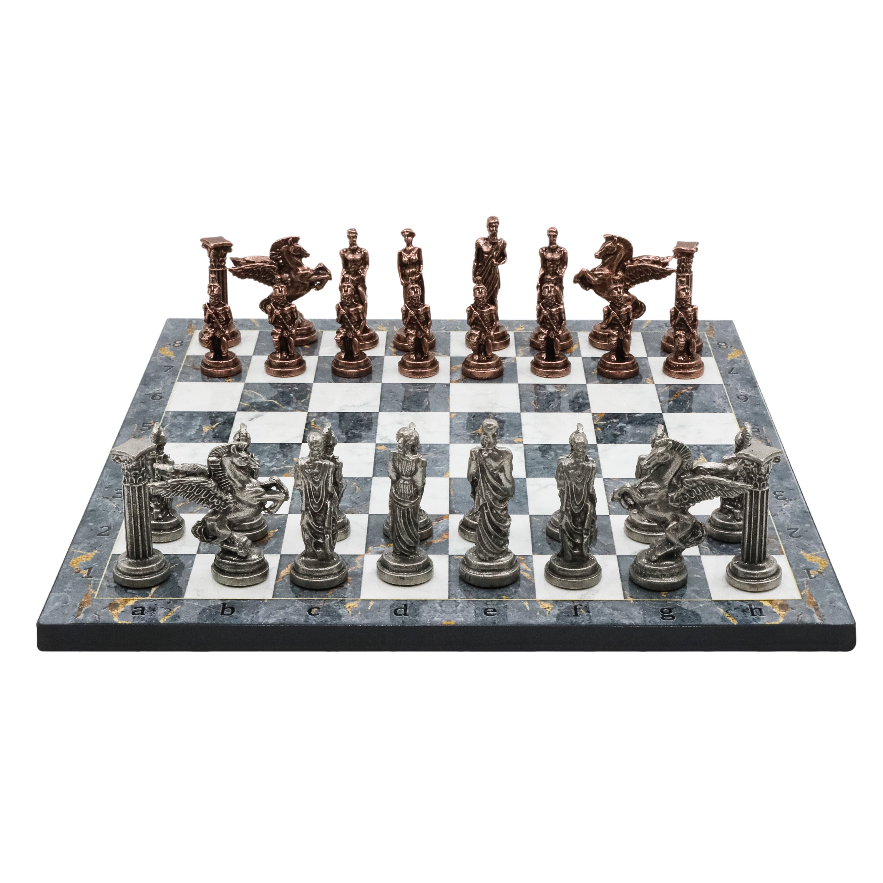 Greek Mythology Pegasus Metal Chess Set | Wooden Chess Board 37CM (15") with Die Cast Metal Stands (Vintage Silver vs Bronze)