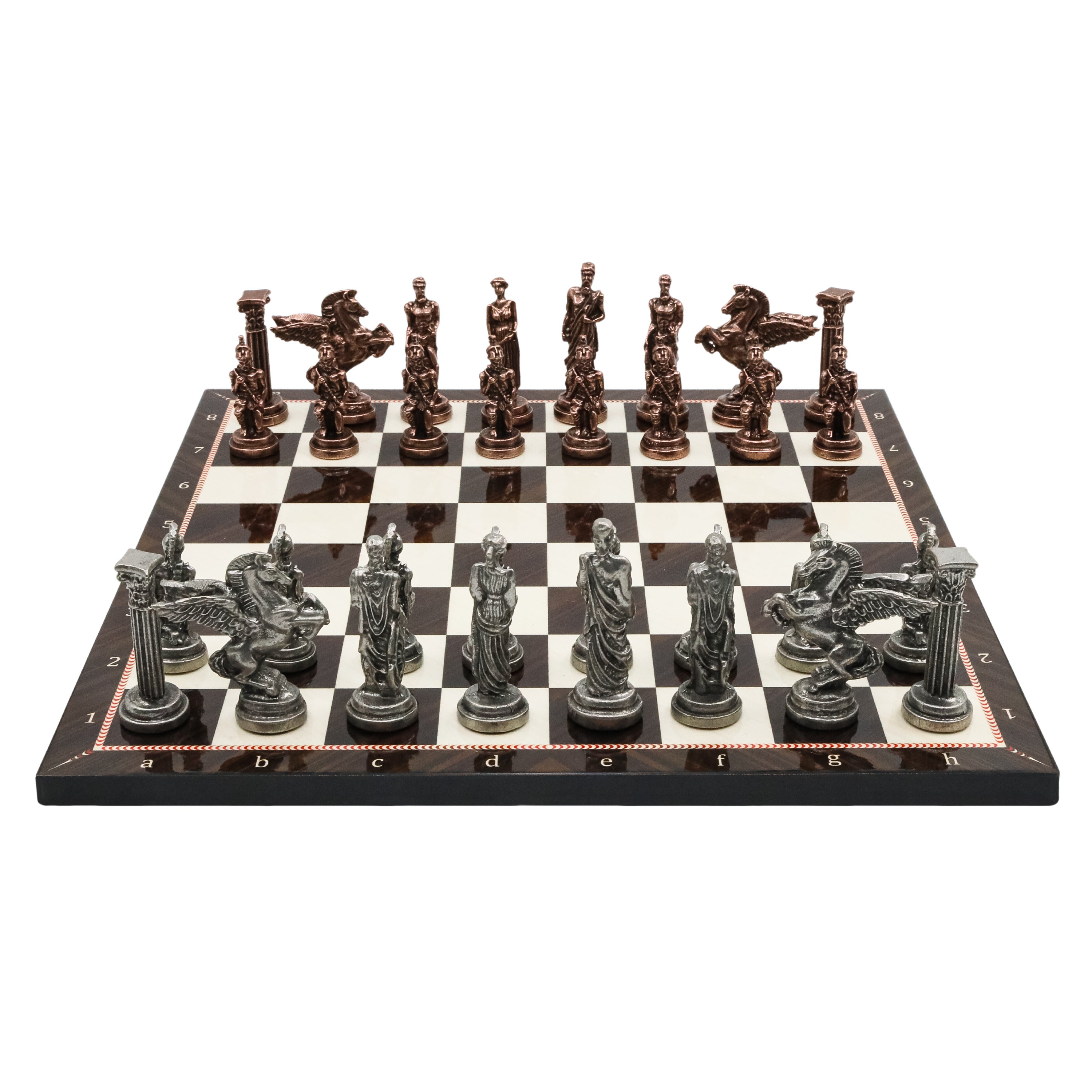 Greek Mythology Pegasus Metal Chess Set | Wooden Chess Board 37CM (15") with Die Cast Metal Stands (Vintage Silver vs Bronze)