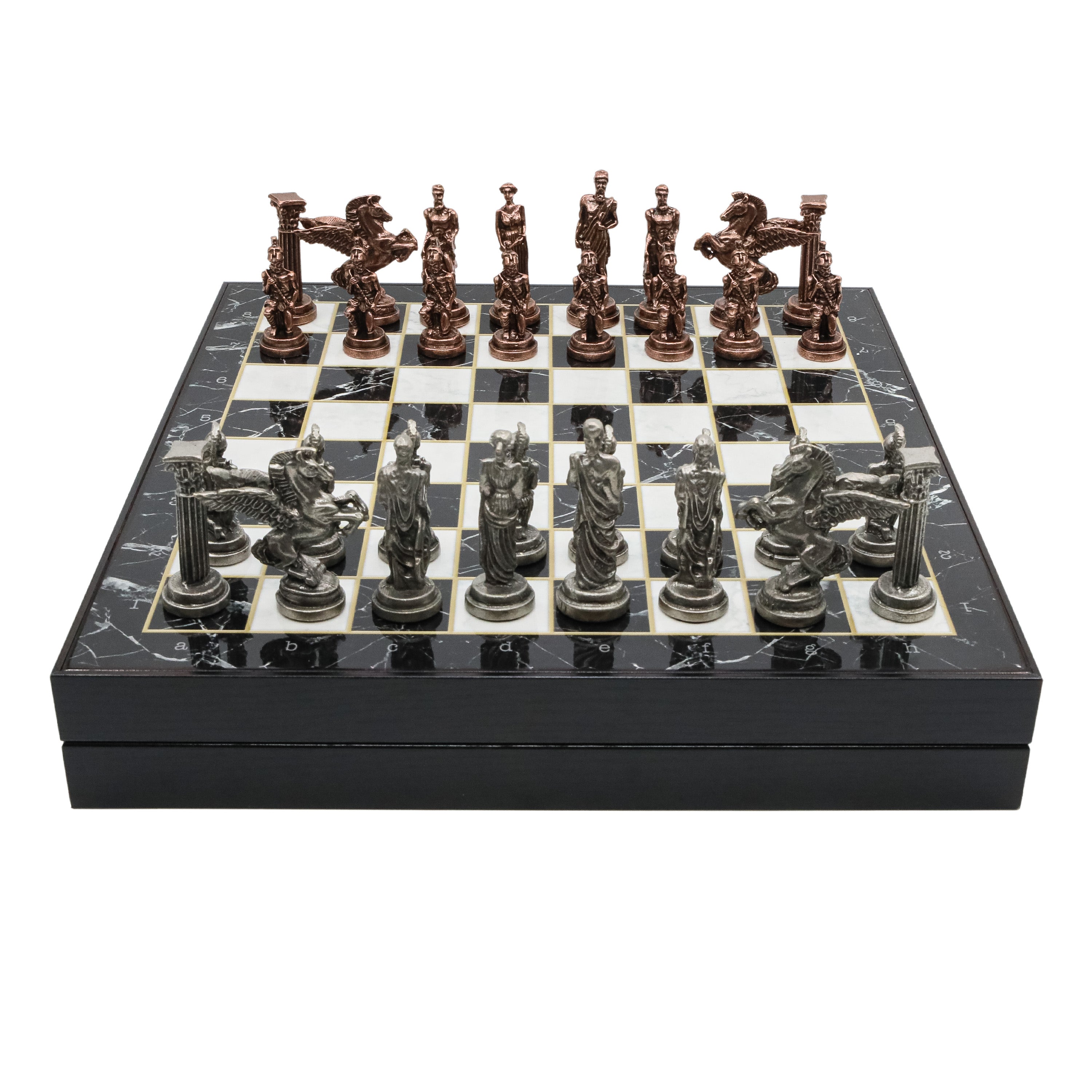 Storage Chess Set with Bronze Metal Mythology Pegasus Chessmen | 37 CM (15") Storage Chess Board | Vintage Greek Pegasus Themed Figures