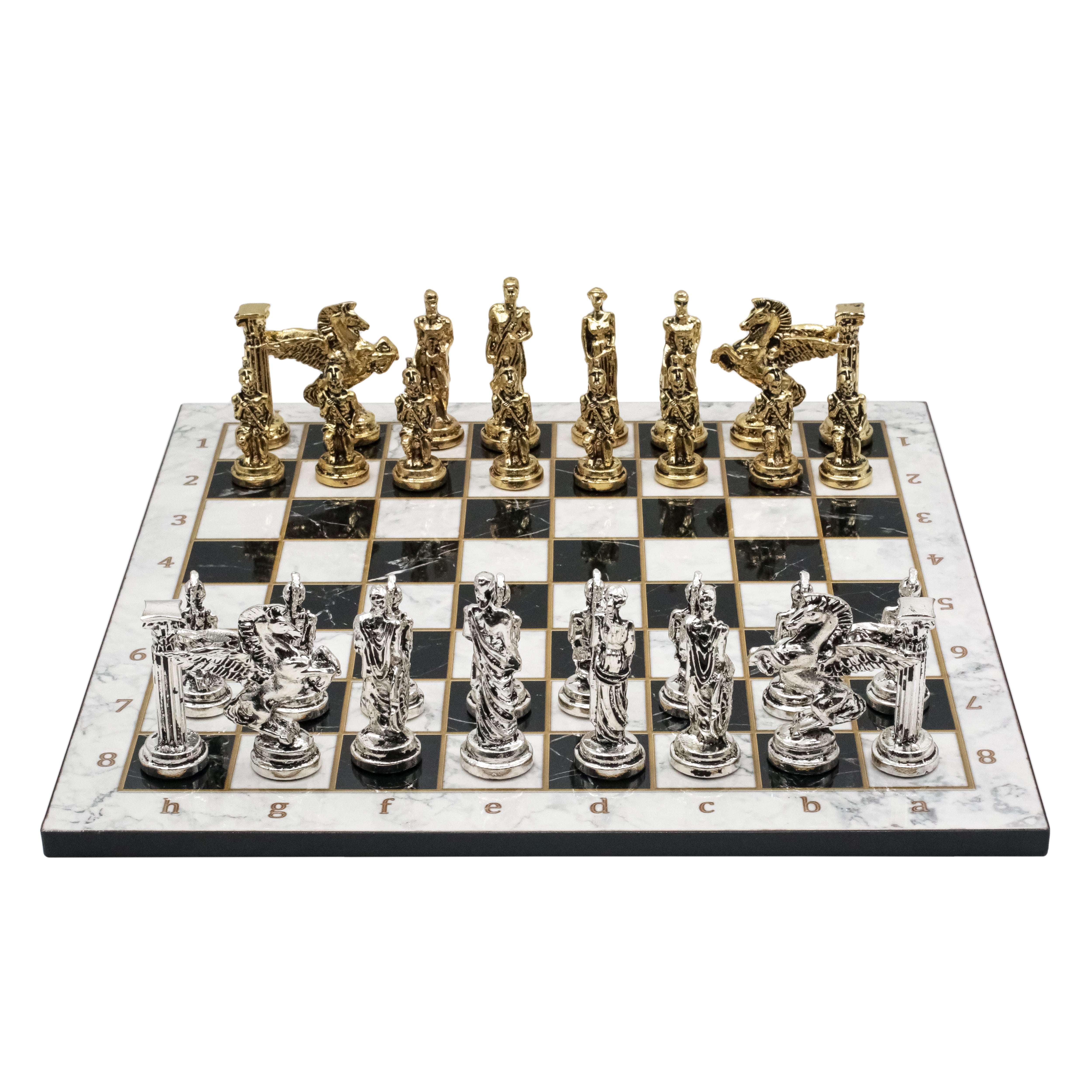 Greek Mythology Pegasus Metal Chess Set | Wooden Chess Board 37CM (15") with Die Cast Metal Stands (Silver vs Gold)