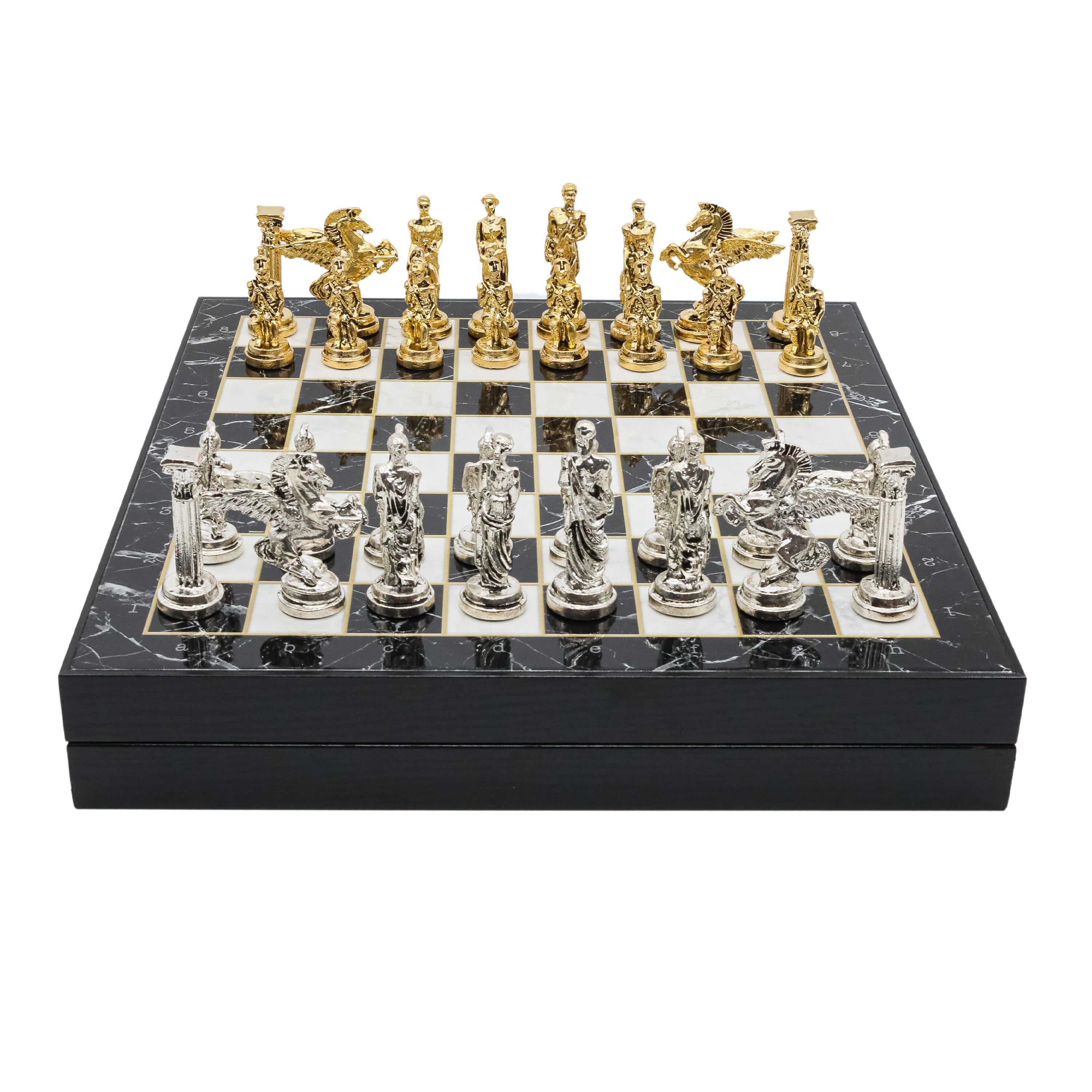 Storage Chess Set with Die Cast Metal Mythology Pegasus Chessmen | 37 CM (15") Storage Chess Board | Greek Pegasus Themed Figures