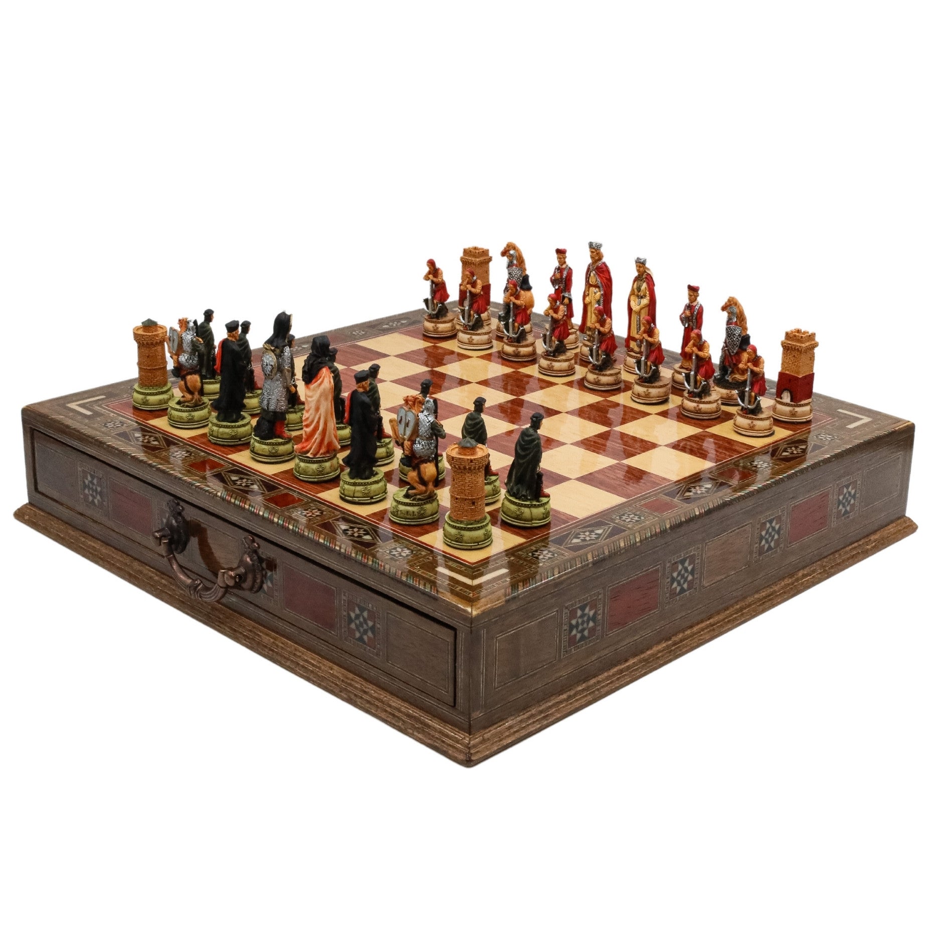 Handmade Inlay Chess Set with Drawer Storage 38 CM (15") - Camelot King Arthur Pieces