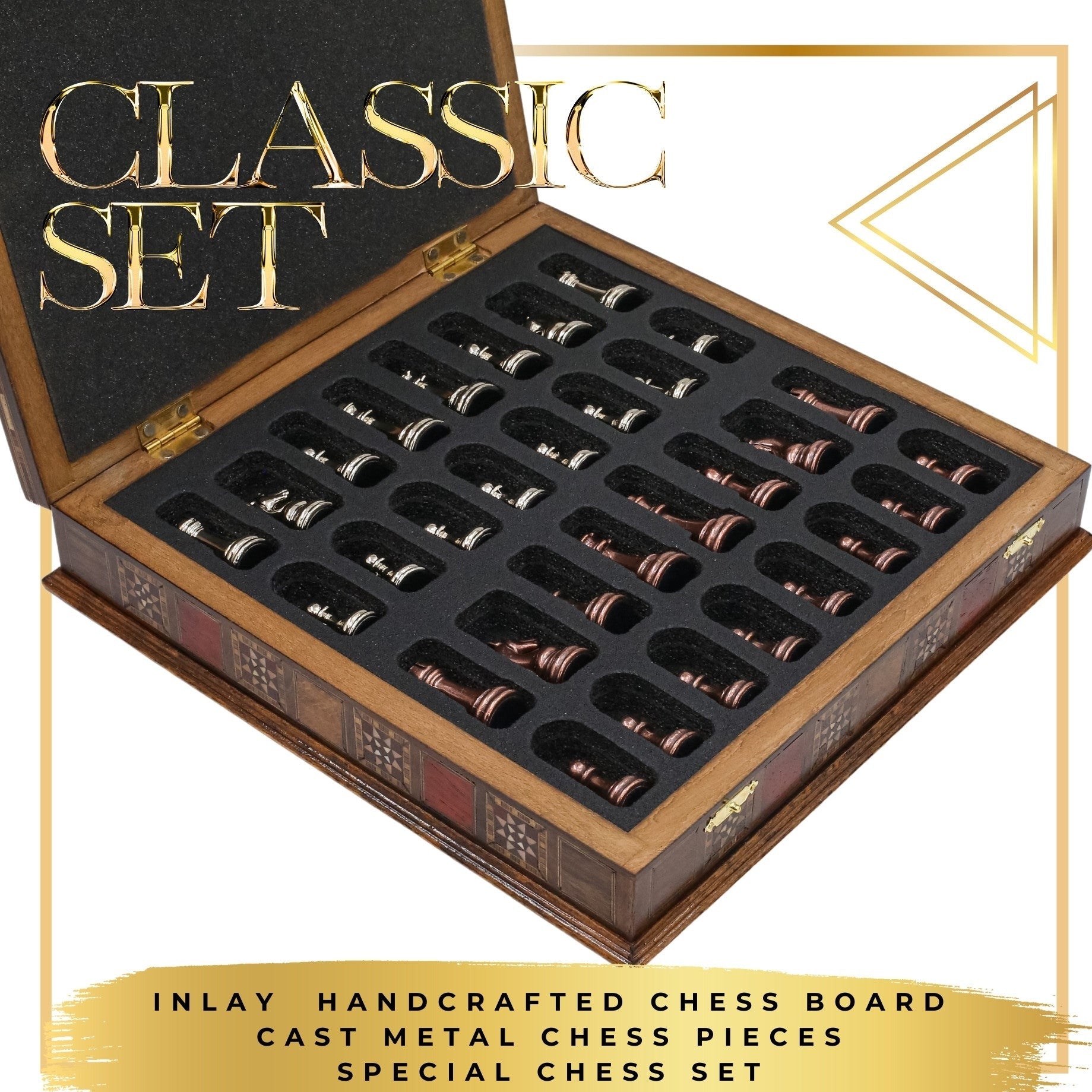 Bronze Colour Metal Chess Set With Solid Wood Storage Board - Die Cast Metal Chessmen | Staunton Chess Pieces, Personalised Chess Gift