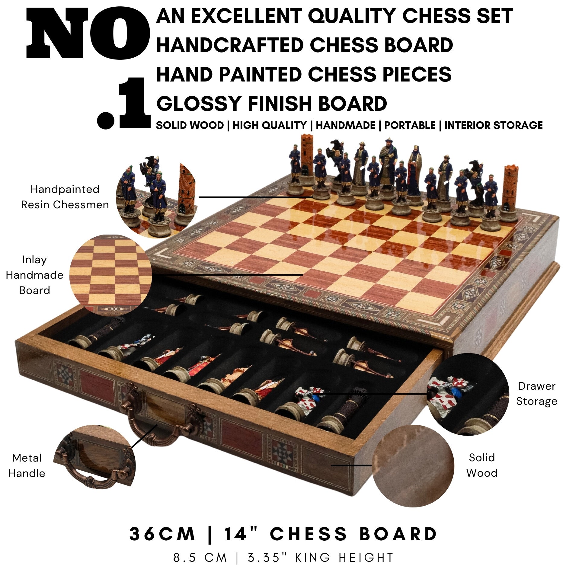 Handmade Inlay Chess Set with Drawer Storage 38 CM (15") - Arabs vs Crusaders Pieces