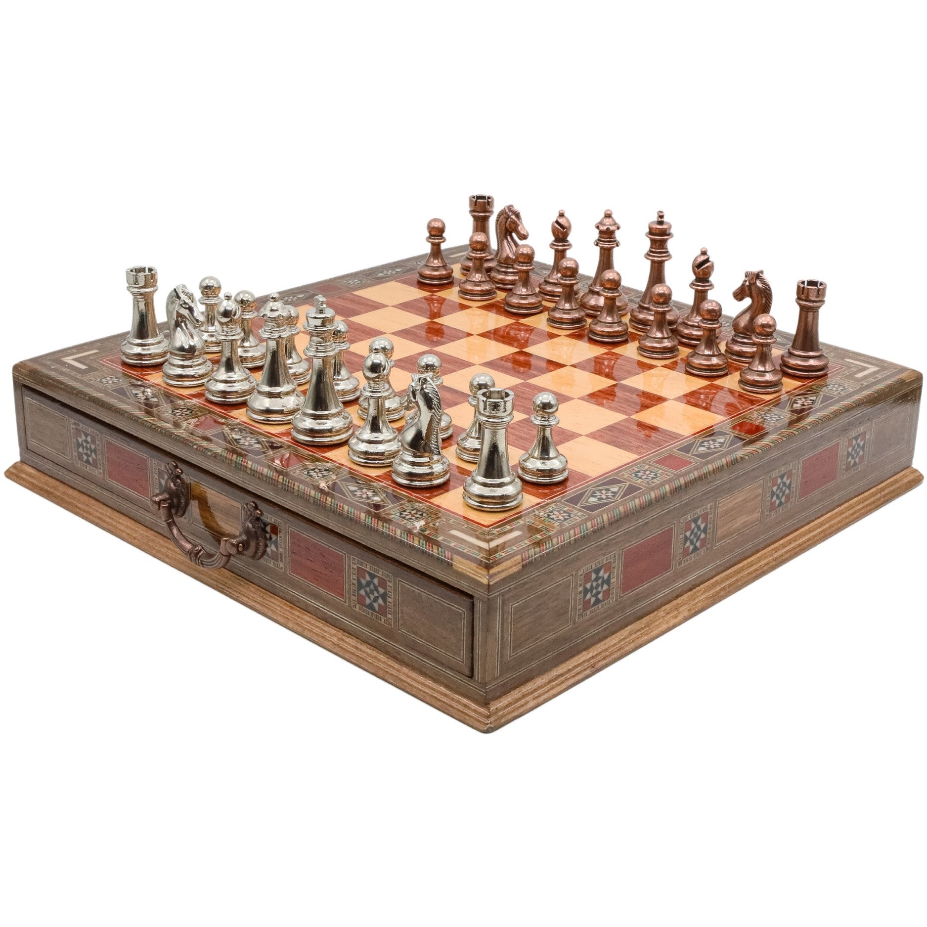 Bronze Colour Metal Chess Set With Solid Wood Storage Board w/ In-Built Drawer - Die Cast Metal Chessmen | Staunton Chess Pieces, Personalised Chess Gift