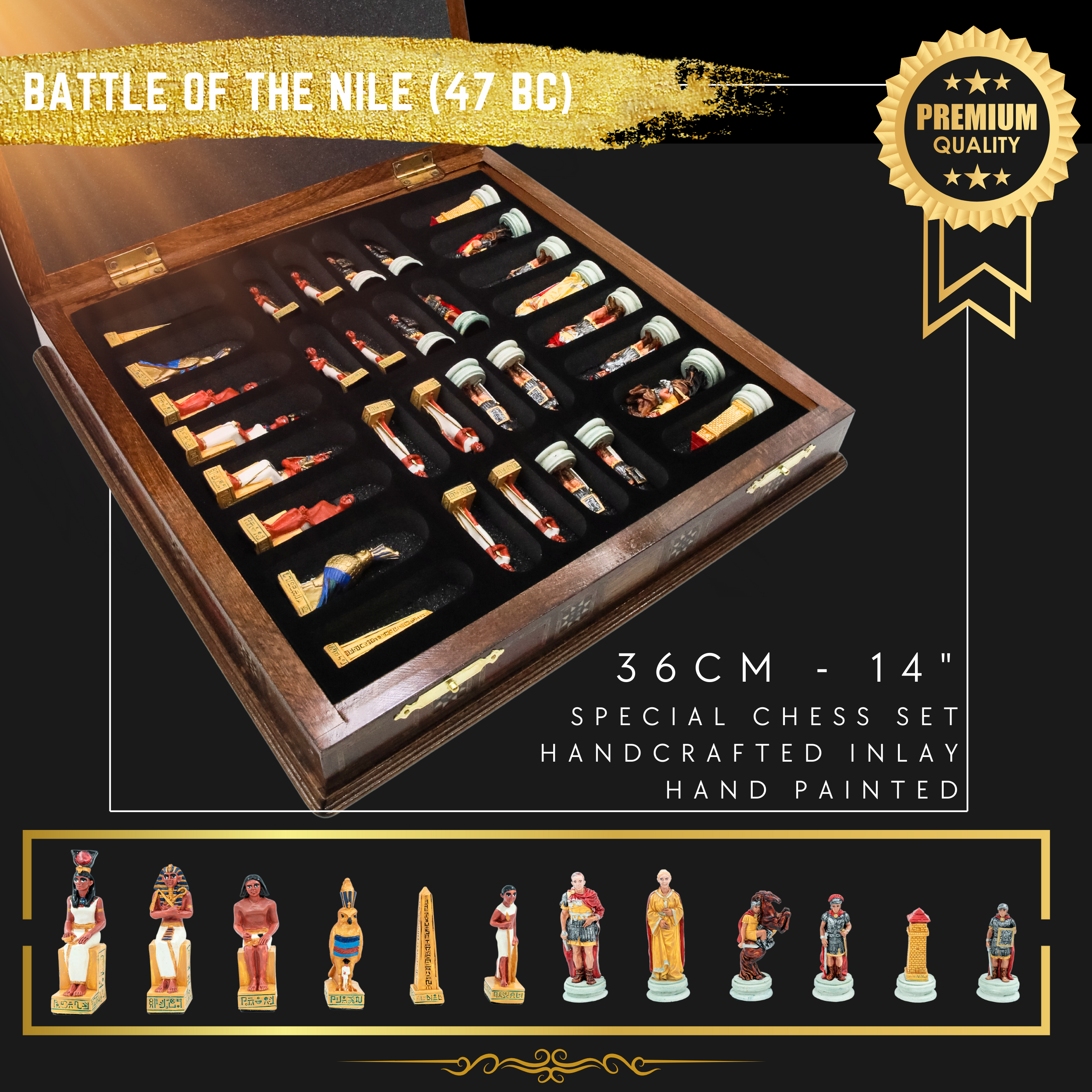 Handmade Inlay Storage Chess Set 38 CM (15") - Roman vs Egyptian Pieces