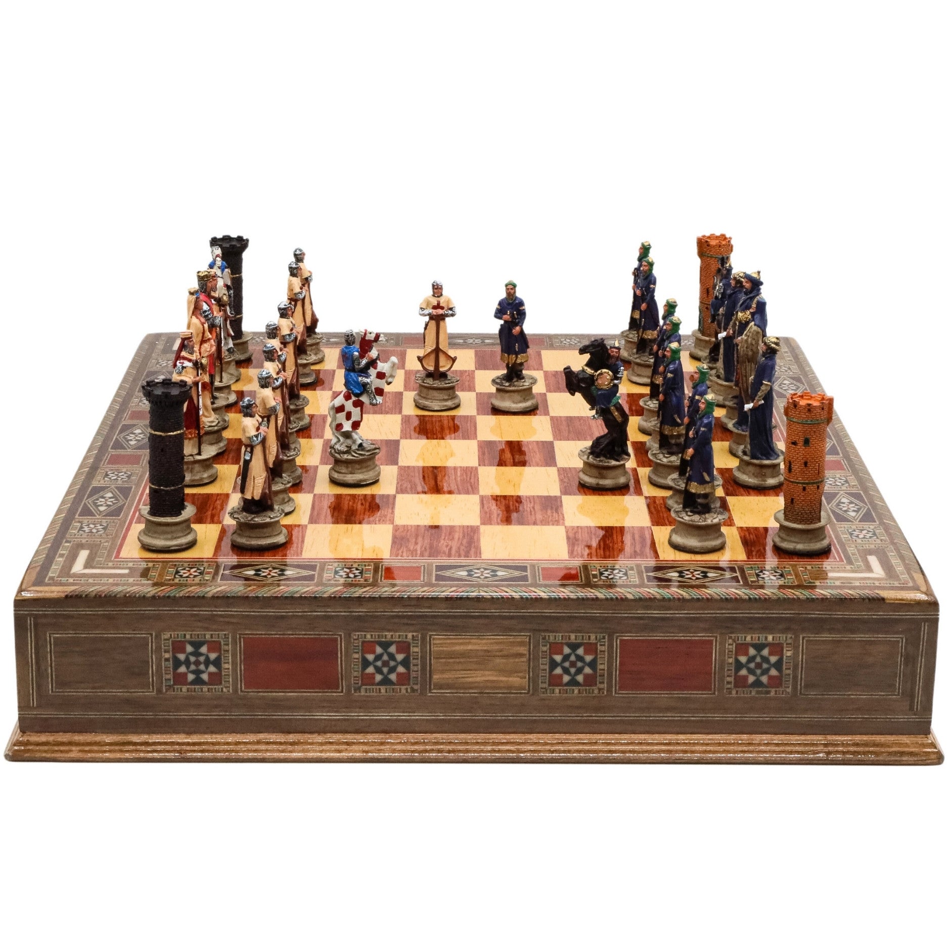 Handmade Inlay Chess Set with Drawer Storage 38 CM (15") - Arabs vs Crusaders Pieces