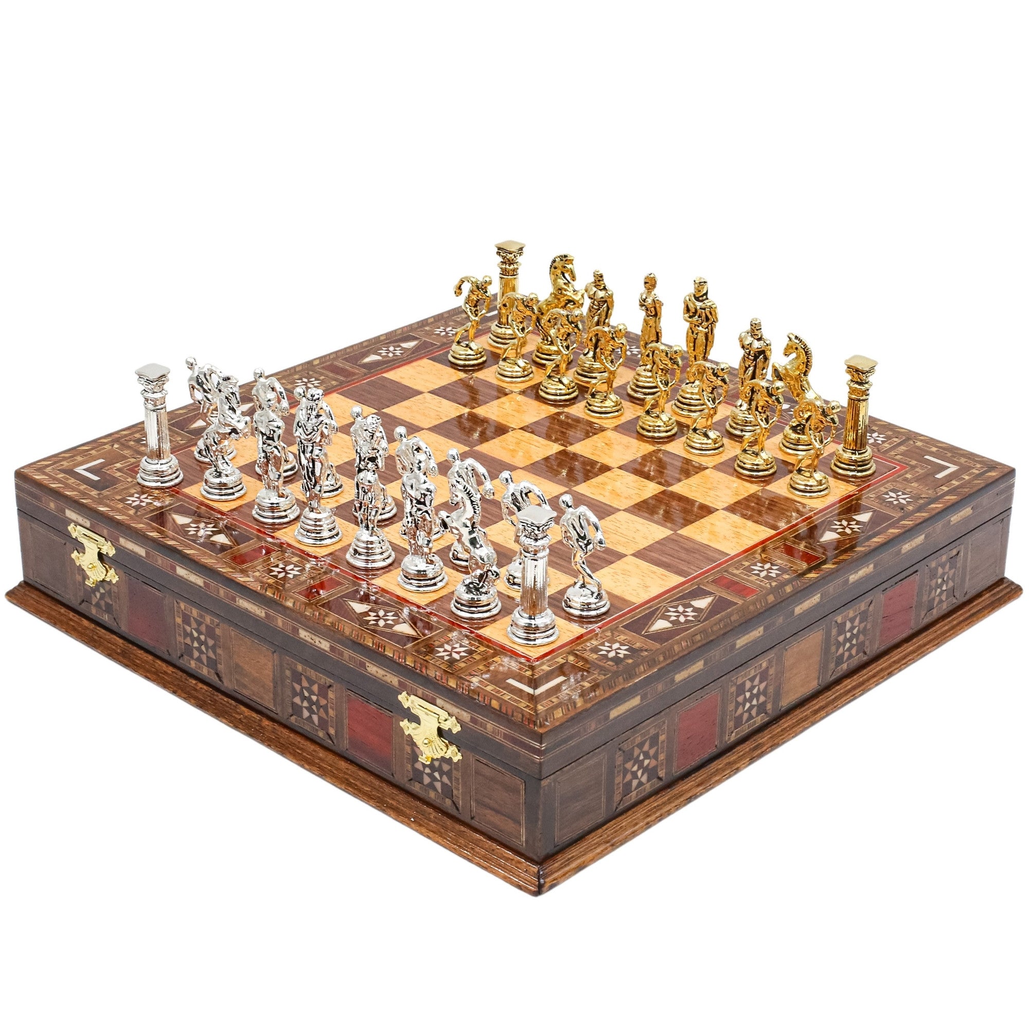 Handmade Inlay Storage Chess Set 30 CM (12") - Mythology Discus Die Cast Metal Pieces