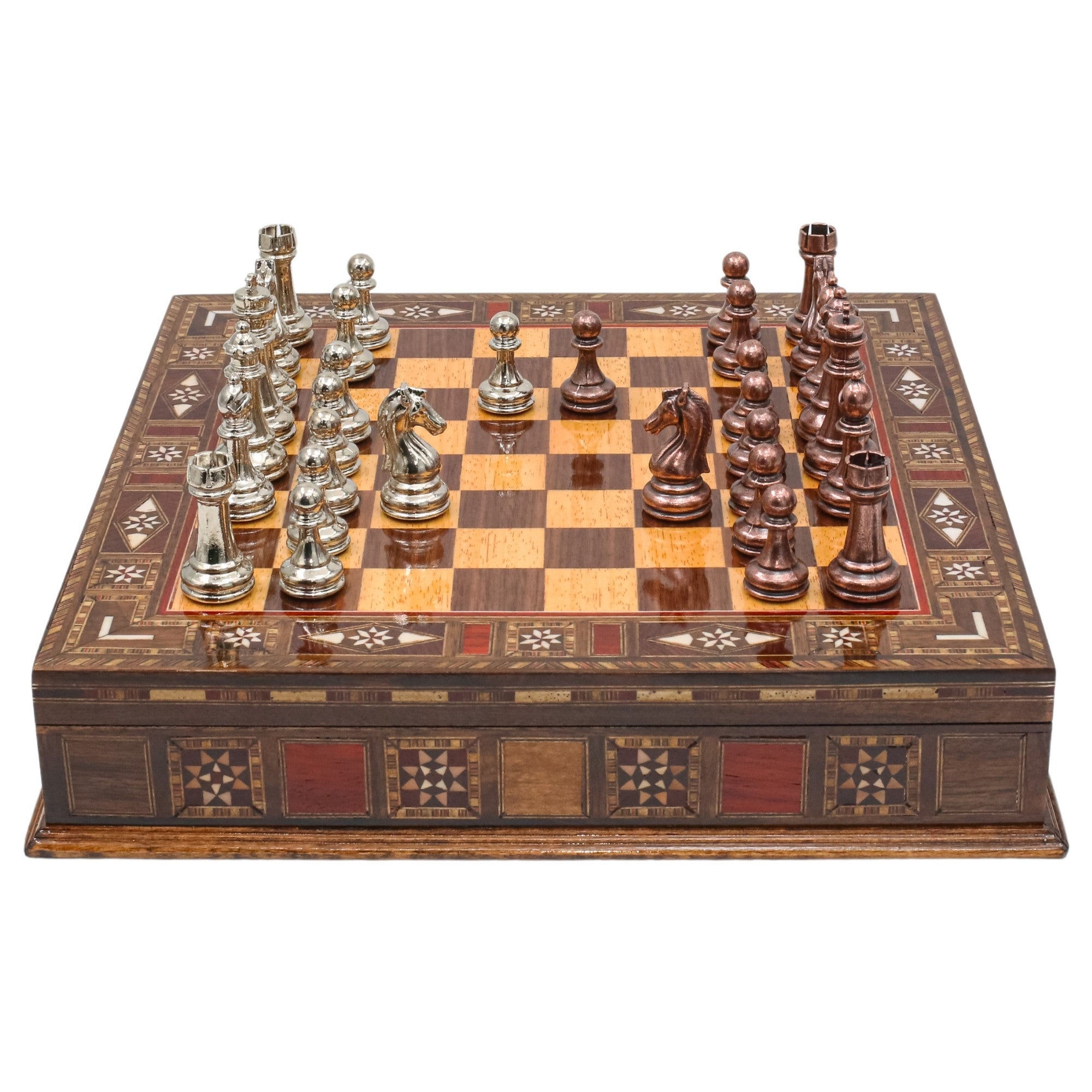 Bronze Colour Metal Chess Set With Solid Wood Storage Board - Die Cast Metal Chessmen | Staunton Chess Pieces, Personalised Chess Gift