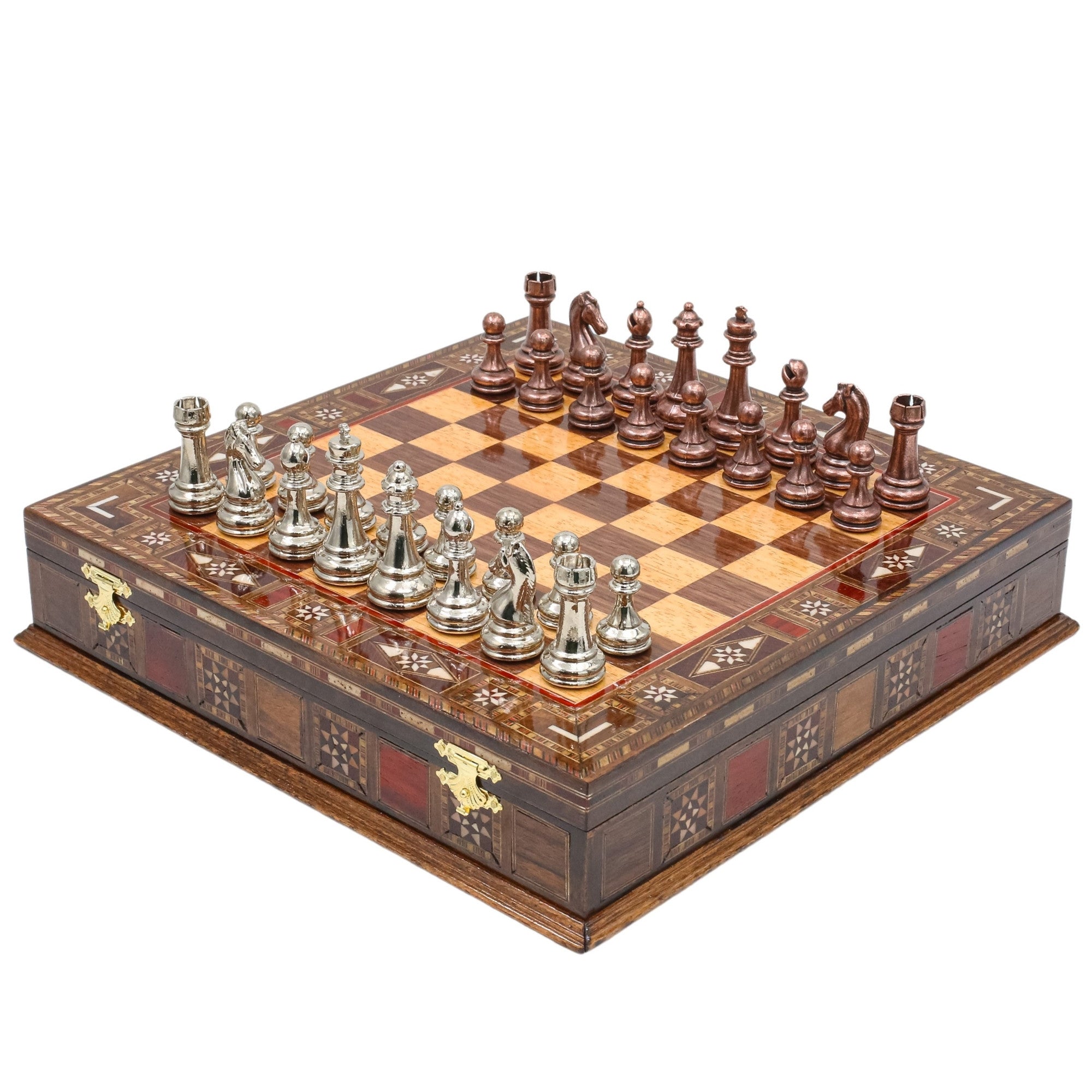 Bronze Colour Metal Chess Set With Solid Wood Storage Board - Die Cast Metal Chessmen | Staunton Chess Pieces, Personalised Chess Gift