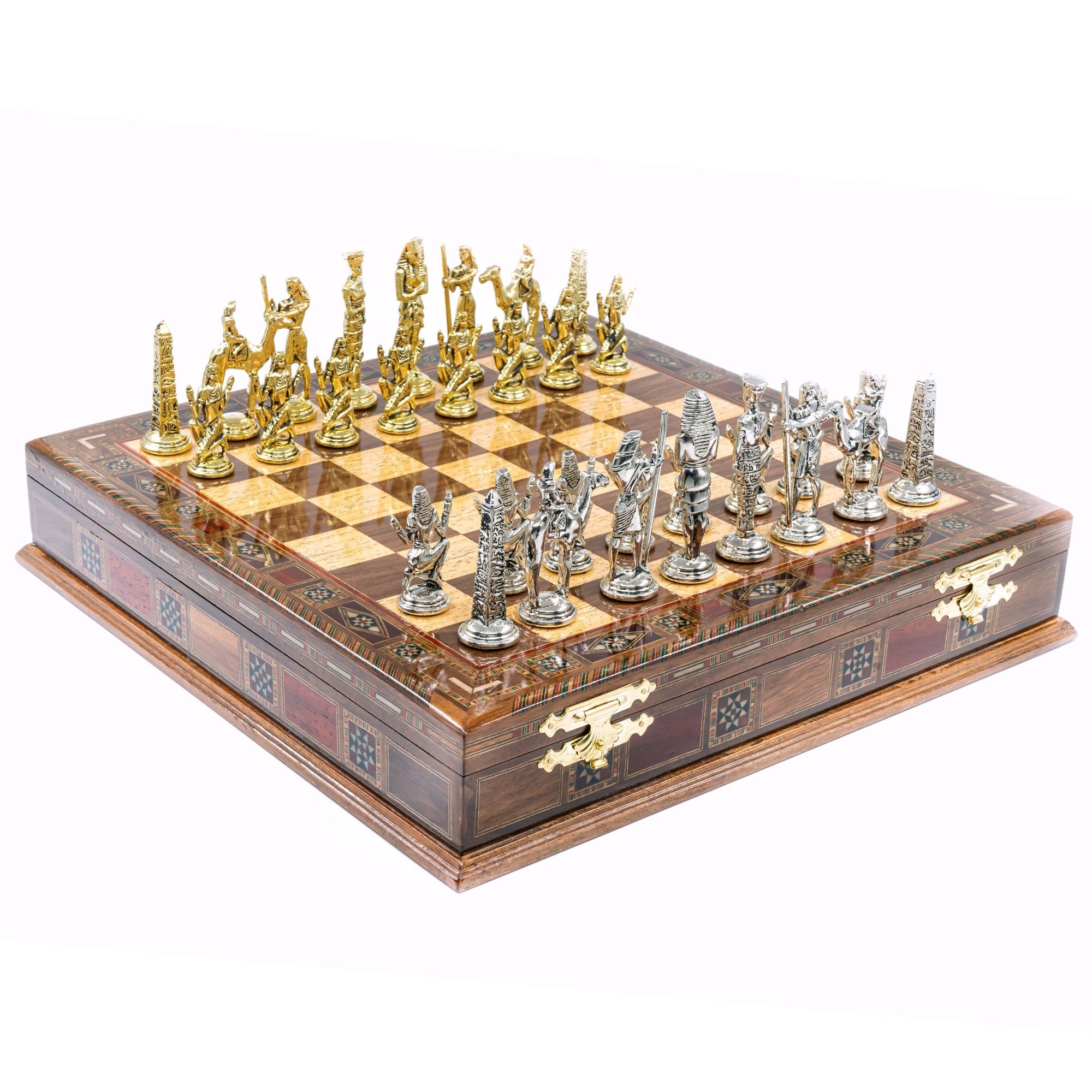 Handmade Inlay Storage Chess Set 38 CM (15") - Egyptian Cleopatra Die Cast Metal Pieces