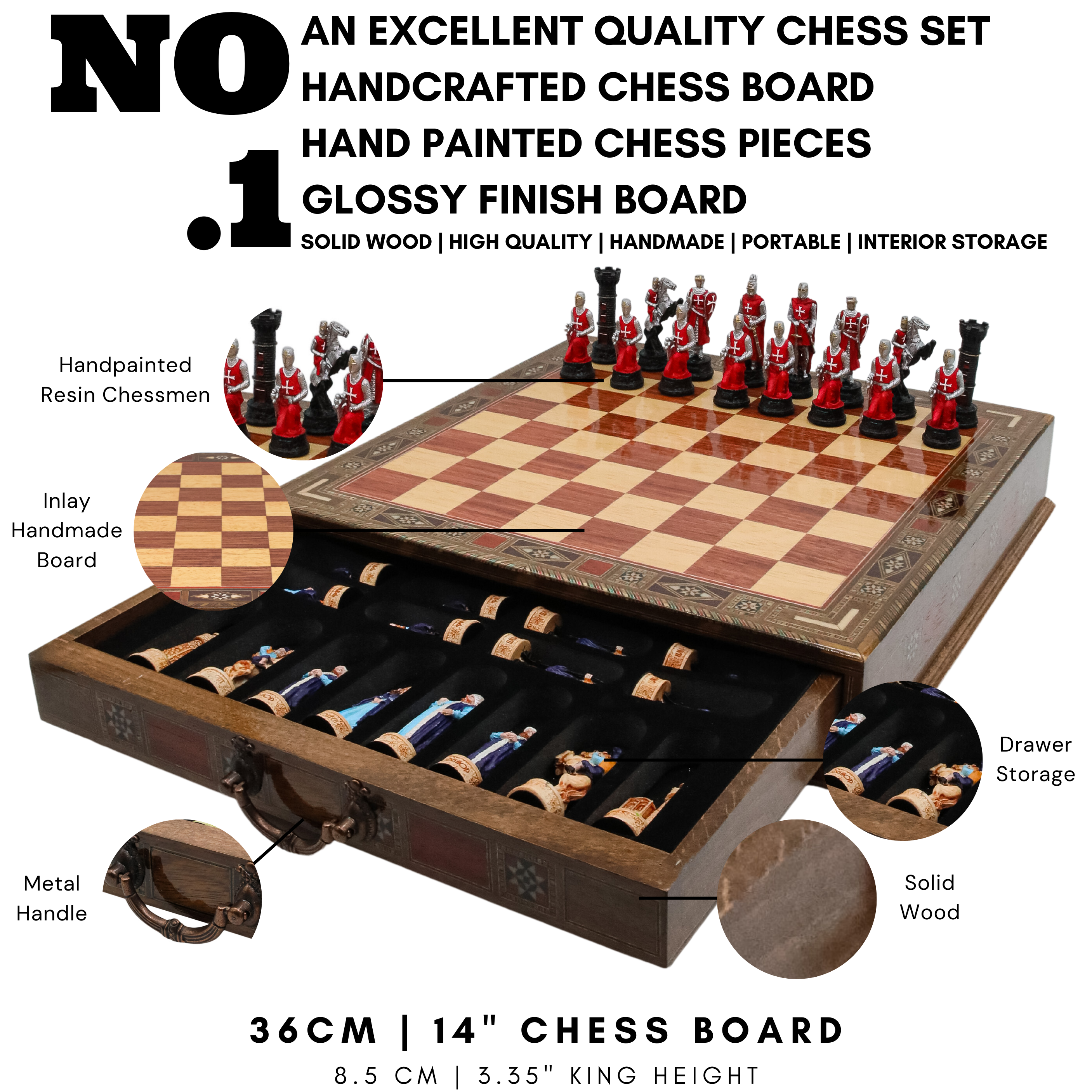 Handmade Inlay Chess Set with Drawer Storage 38 CM (15") - Ottoman vs Black Crusaders Pieces