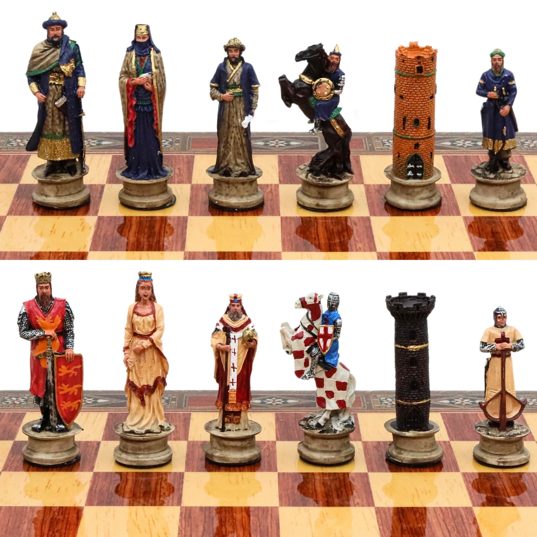 Handmade Inlay Chess Set with Drawer Storage 38 CM (15") - Arabs vs Crusaders Pieces