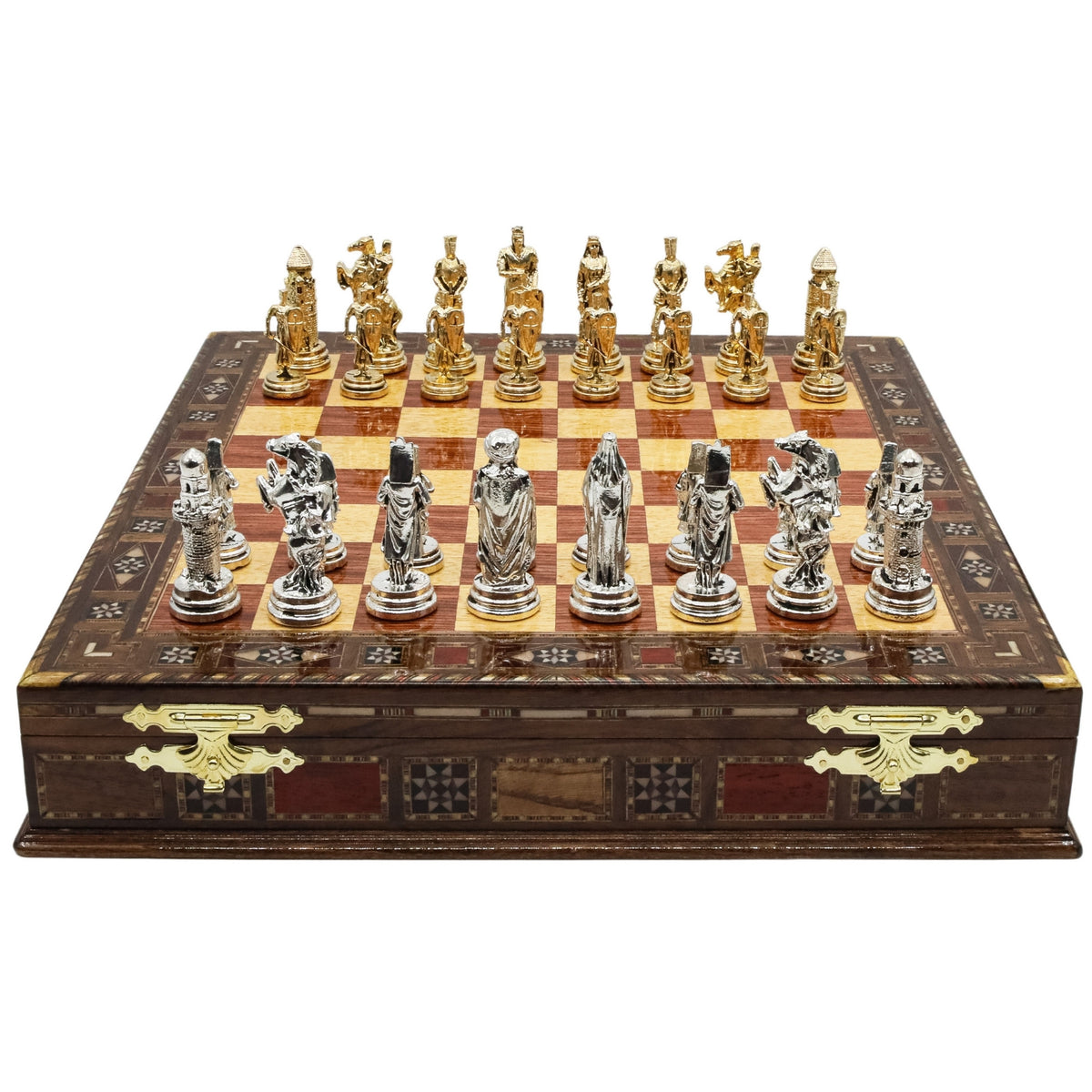 Handmade Inlay Storage Chess Set 38 CM (15") - Ottoman Empire vs Crusaders Die Cast Metal Pieces