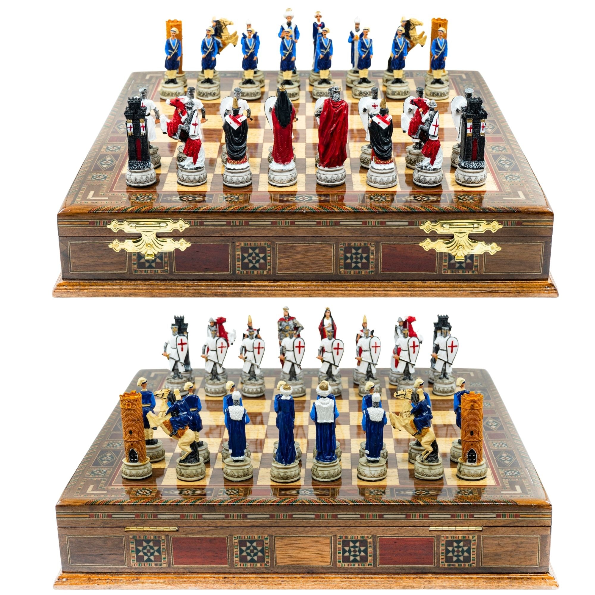 Handmade Inlay Storage Chess Set 38 CM (15") - Ottoman vs White Crusaders Pieces